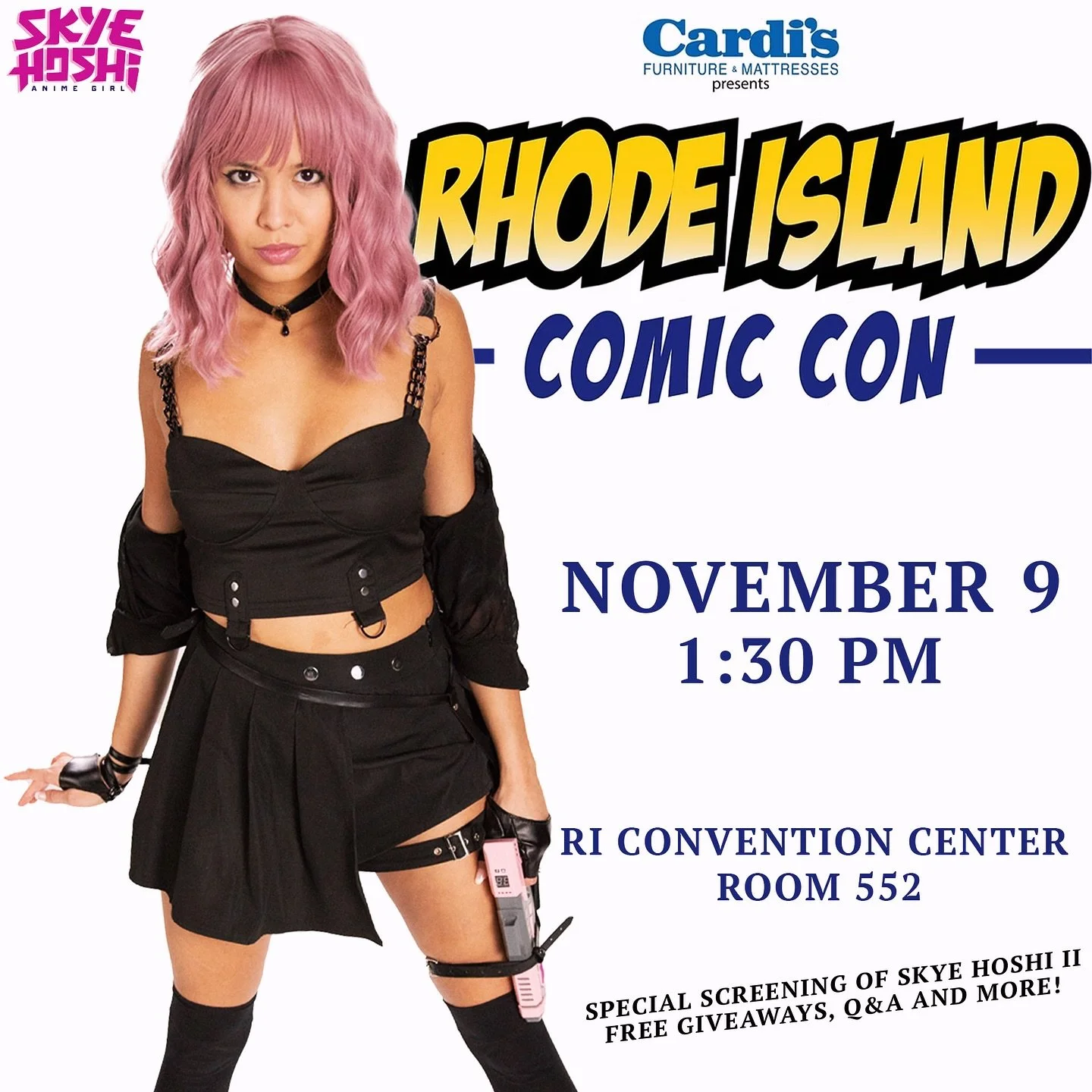 Come see a special screening of Skye Hoshi 2 at @ricomicconofficial ! Visit our booth all weekend or come to the screening on Sunday! Can&rsquo;t wait to see everyone there!! 🍜⚡️🔫 #skyehoshianimegirl #ricomiccon