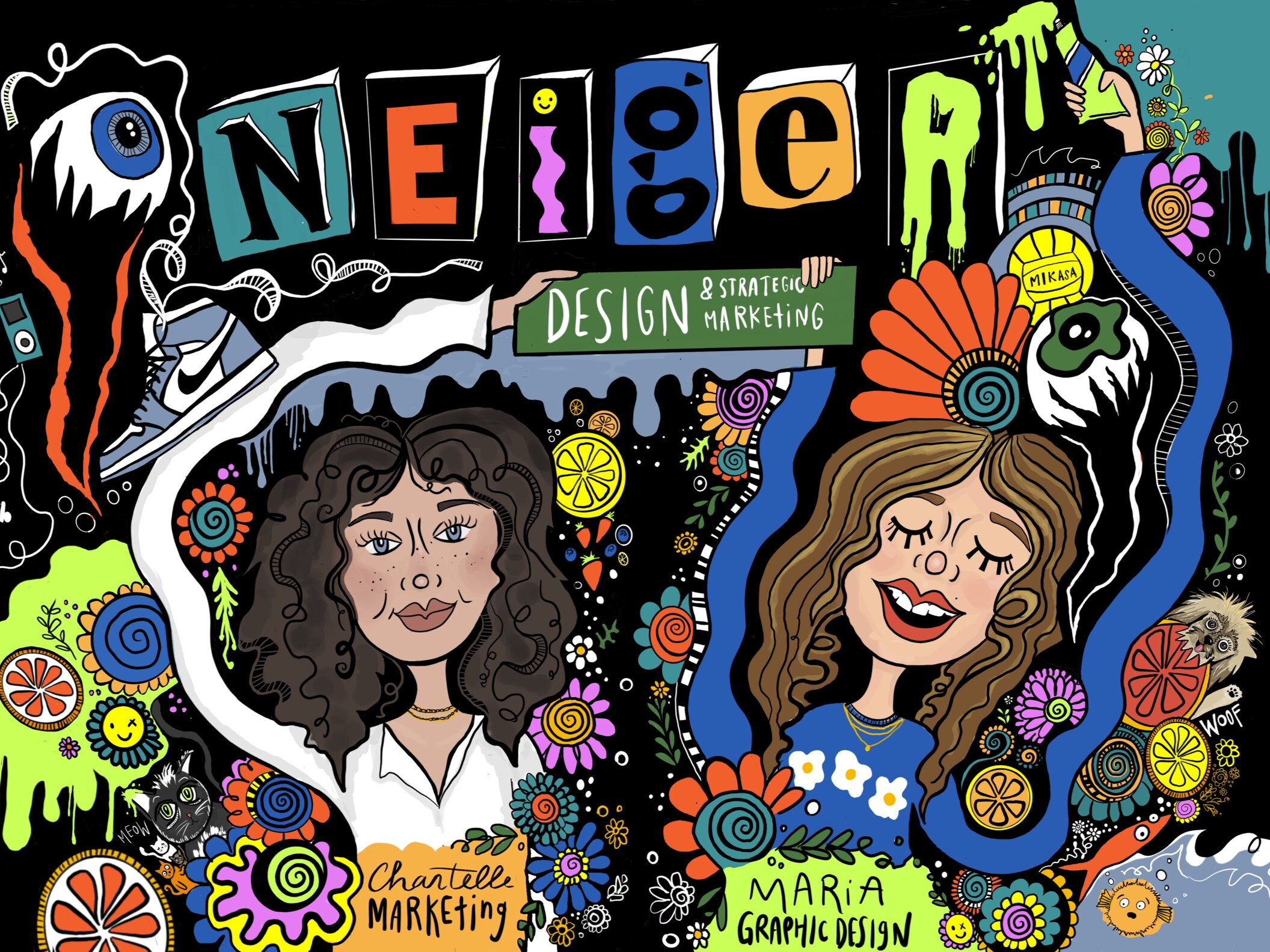 two girls with graphic design, cats, dog, graphic design