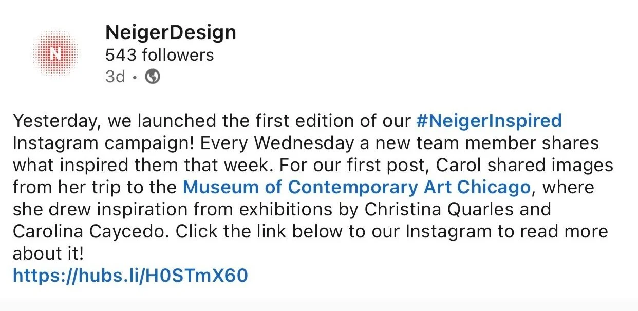 Neiger Design LinkedIn post announcing the #neigerinspired campaign.