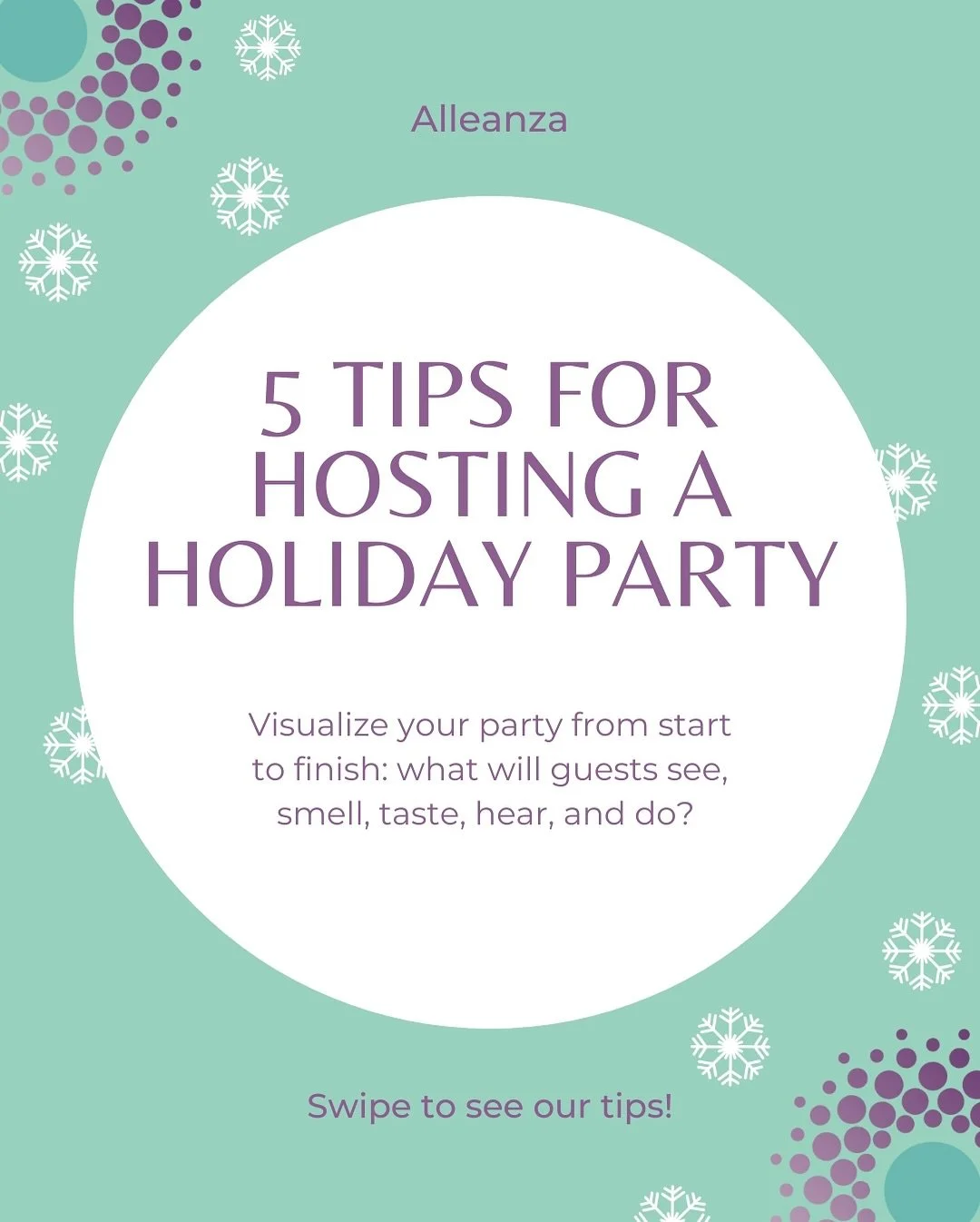 Hosting season is here! 🍾 While having family and friends over for the holidays is lovely, hosting can be stressful! Here are our top tips for hosting during the holidays as seasoned event planners 🍪

#MeetingPlanner #EventProfs #AlleanzaMES #Women