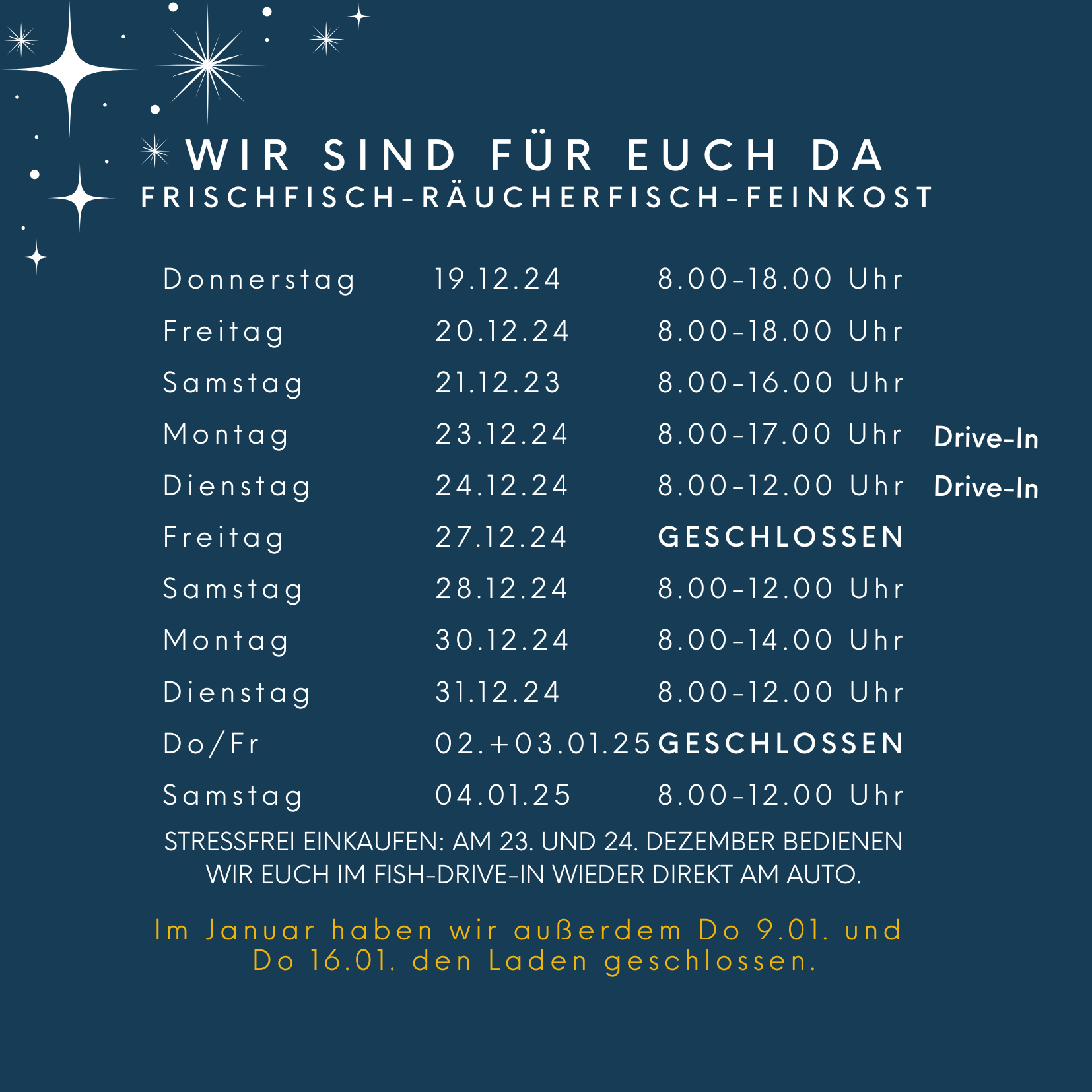 Öffnungszeiten Weihnachten/Jahreswechsel 2024/2025 — Fischzucht Seehof