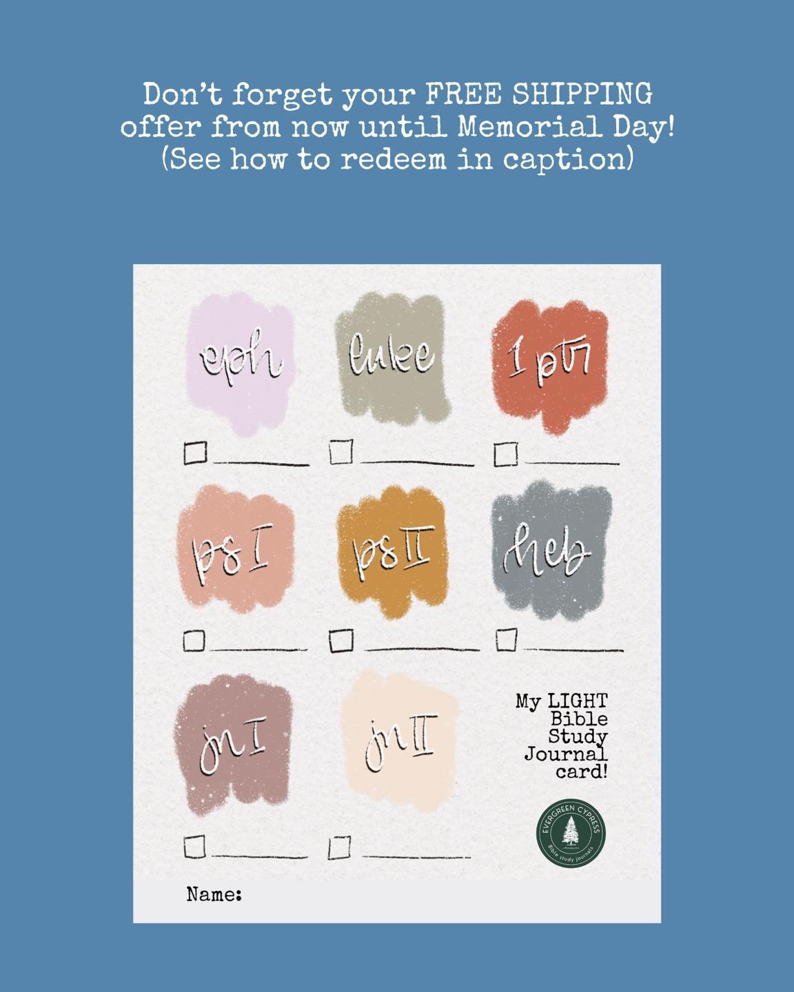 Get FREE SHIPPING on your journals from now until Memorial Day by completing the steps below:
1. Screenshot this LIGHT journal card.
2. Fill it out with which journals you have/have completed and/or which ones you would like to get.
3. Take a pictur