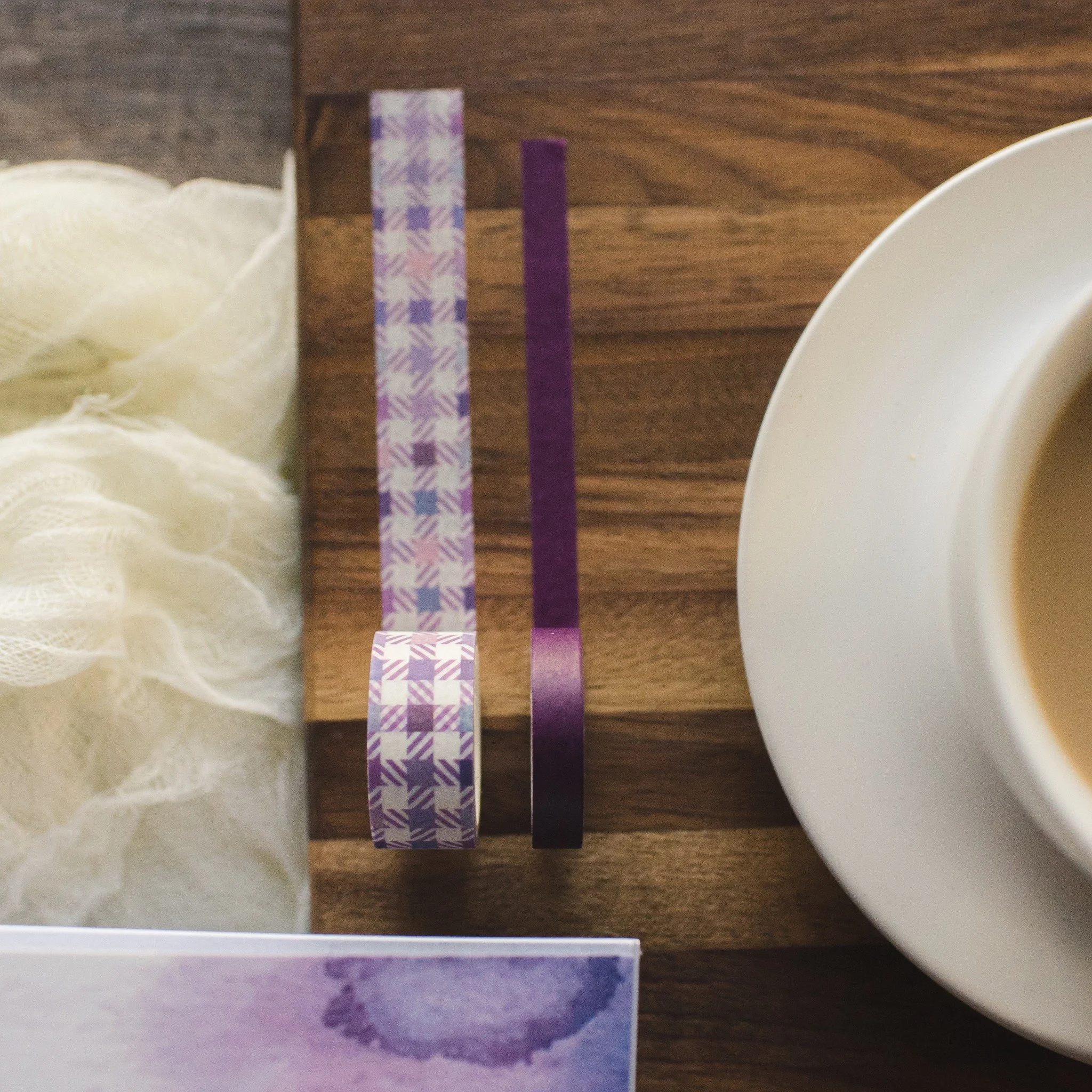 Soft light, warm coffee, and patterns that make you pause. Are you drinking a warm beverage while you journal? Coffee, tea, maybe a pumpkin spice latte? These lilac and plum washi tapes add the prettiest touches to your pages.

Learn more about our B