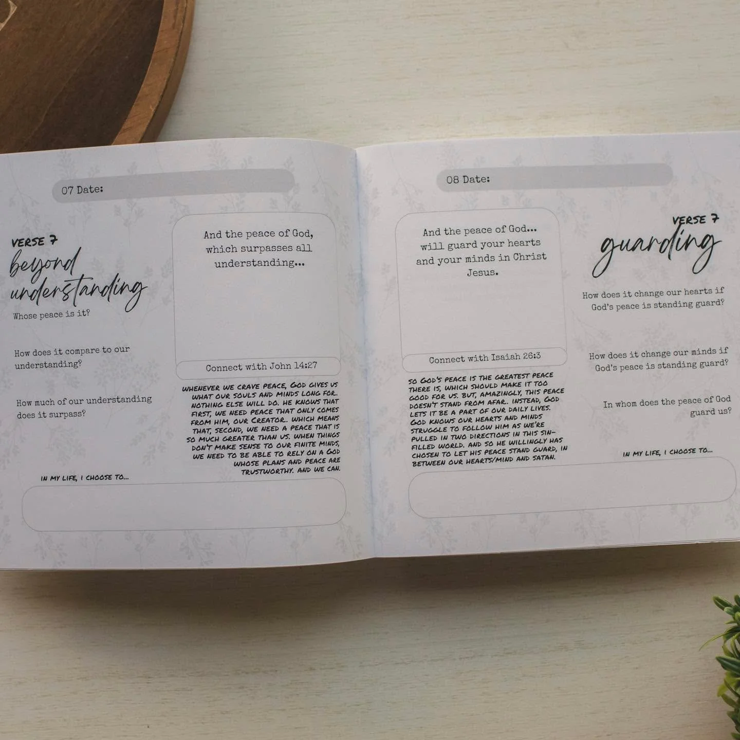 And an inside look at Bible journal giveaway # 3 &ldquo;No matter what&rdquo; :

20 MAIN STUDY PAGES
Each page goes through a different thought of Philippians 4:4-13, taking it just a little at a time (rejoice, reasonableness, guarding&hellip;)

10 O