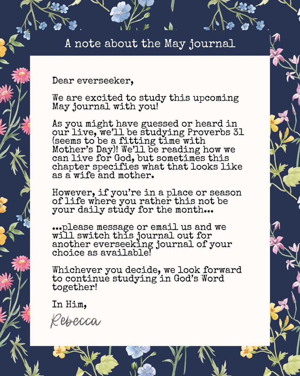 We know that there are some topics that are more difficult to think about in certain seasons of our lives. Although it&rsquo;s not the main focus of our May journal, life as a wife and mom is inevitably part of the study. 

If you&rsquo;d rather this