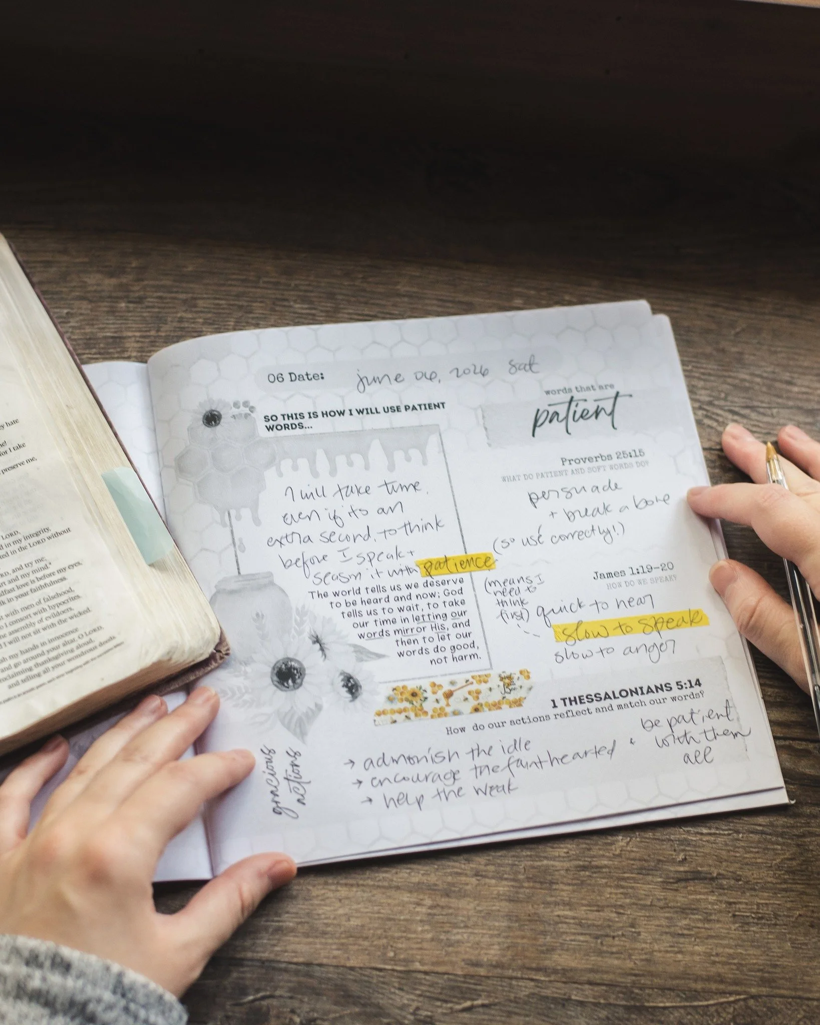 Journaling through our June everseeking journal 🍯
(Example, day 06: patient words go a long way!)

Learn more about evereseeking: https://www.evergreencypress.com/everseeking
