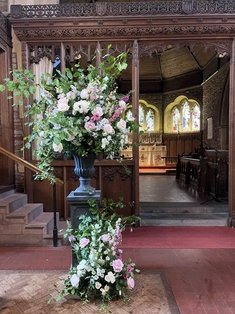 large floral urn summer church wedding