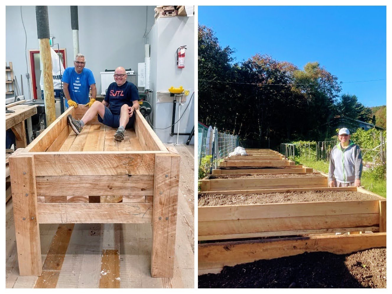 Rick and Peter sitting in one of their Raised Beds for the Rockwood Park Community Garden after just completely construction in our DIY Workshop.
