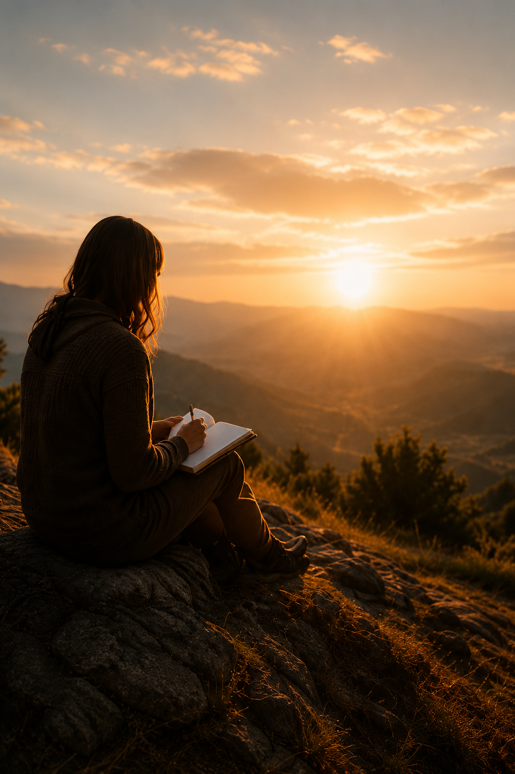A woman sitting on rocks on a hillside during sunset, writing in a notebook.