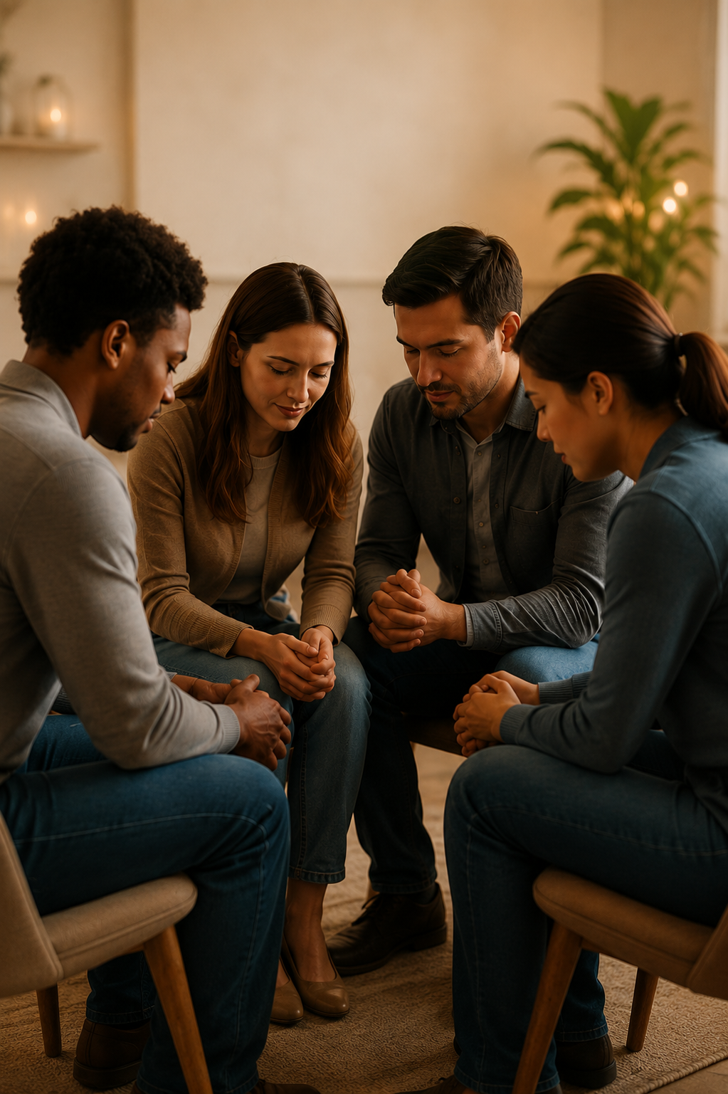 Four people sitting in a circle with heads bowed and hands clasped, praying together in a cozy room.