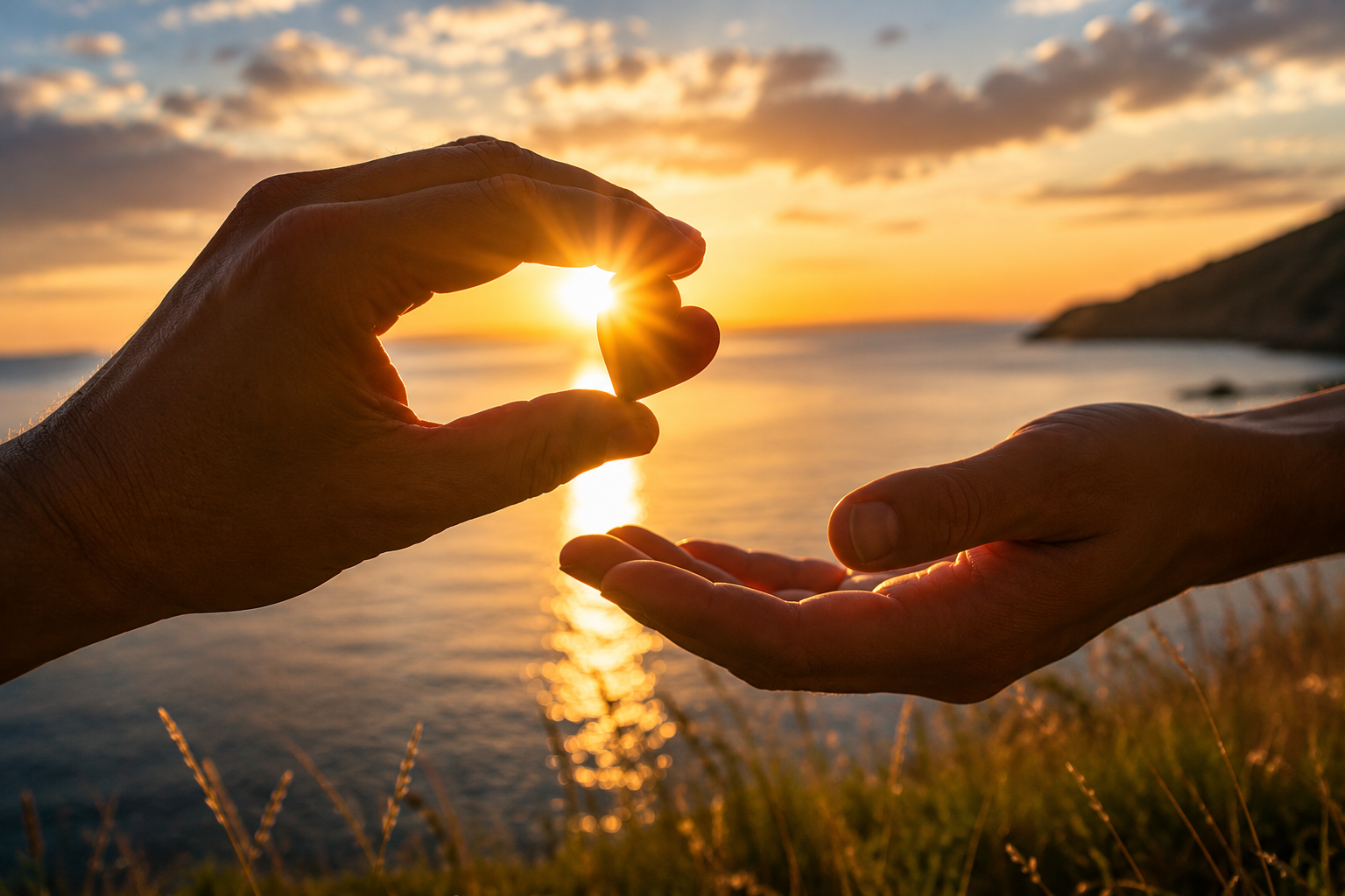 Two hands hold a small heart-shaped object in front of a sunset over water, with a scenic coastline in the background.