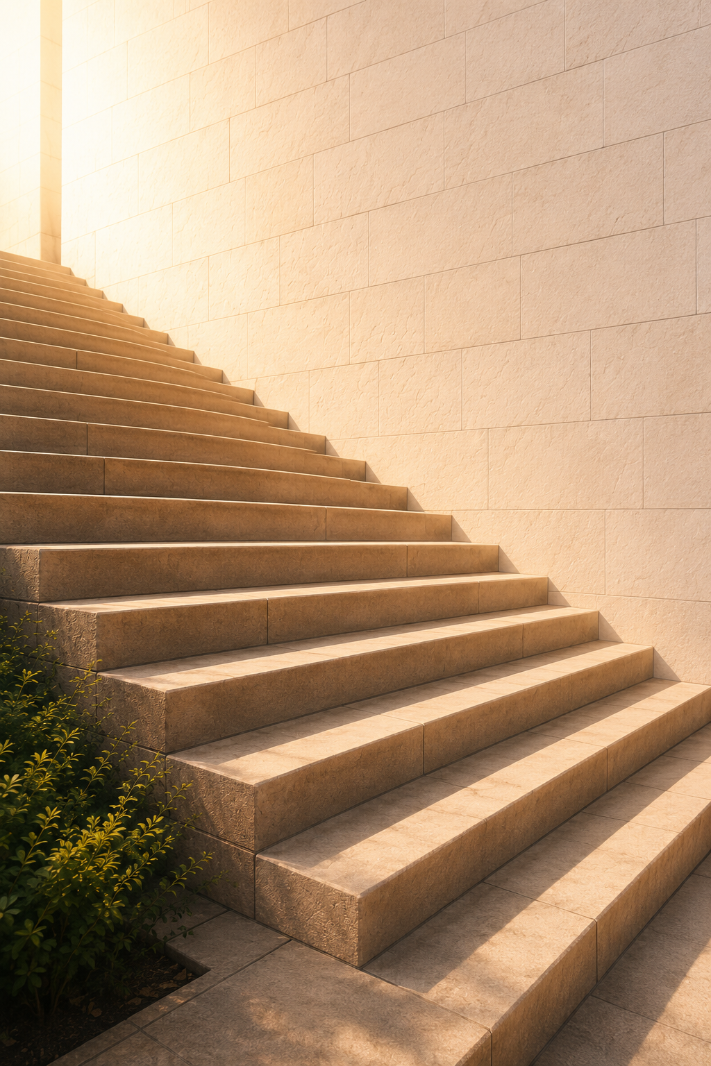 A set of beige stone stairs ascending alongside a beige stone wall, illuminated by warm sunlight.