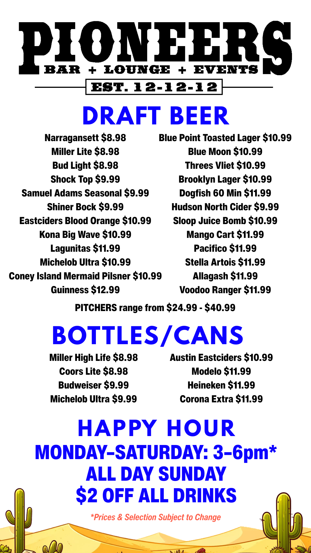 Menu graphic listing craft beers, bottled beers, happy hour details, with cactus desert illustration at the bottom.