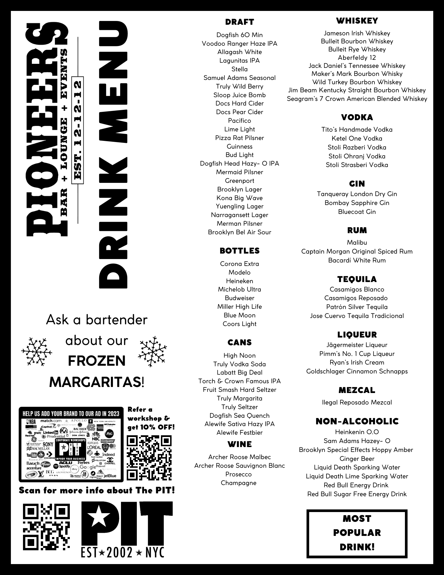 Drink Menu — Pioneers Bar