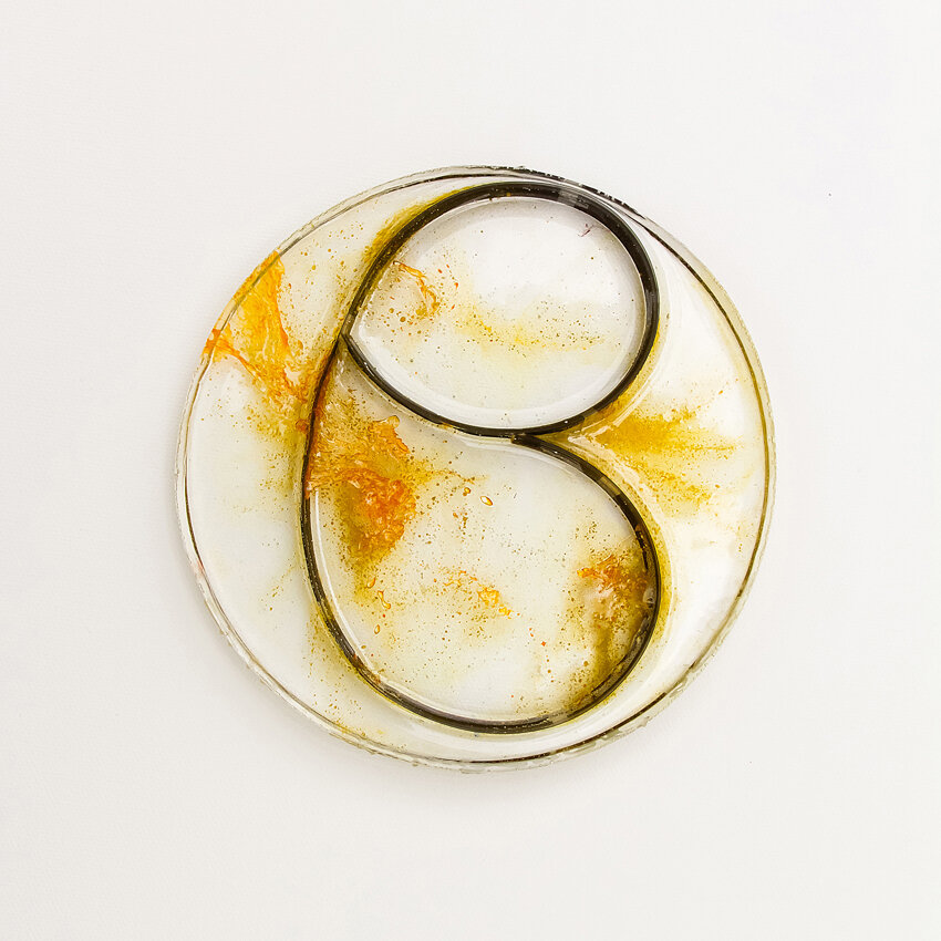   Title: Traces #13 Dimensions: 5” diameter, 1/3” depth Medium: Photographic film, resin, India ink, glass etching medium  