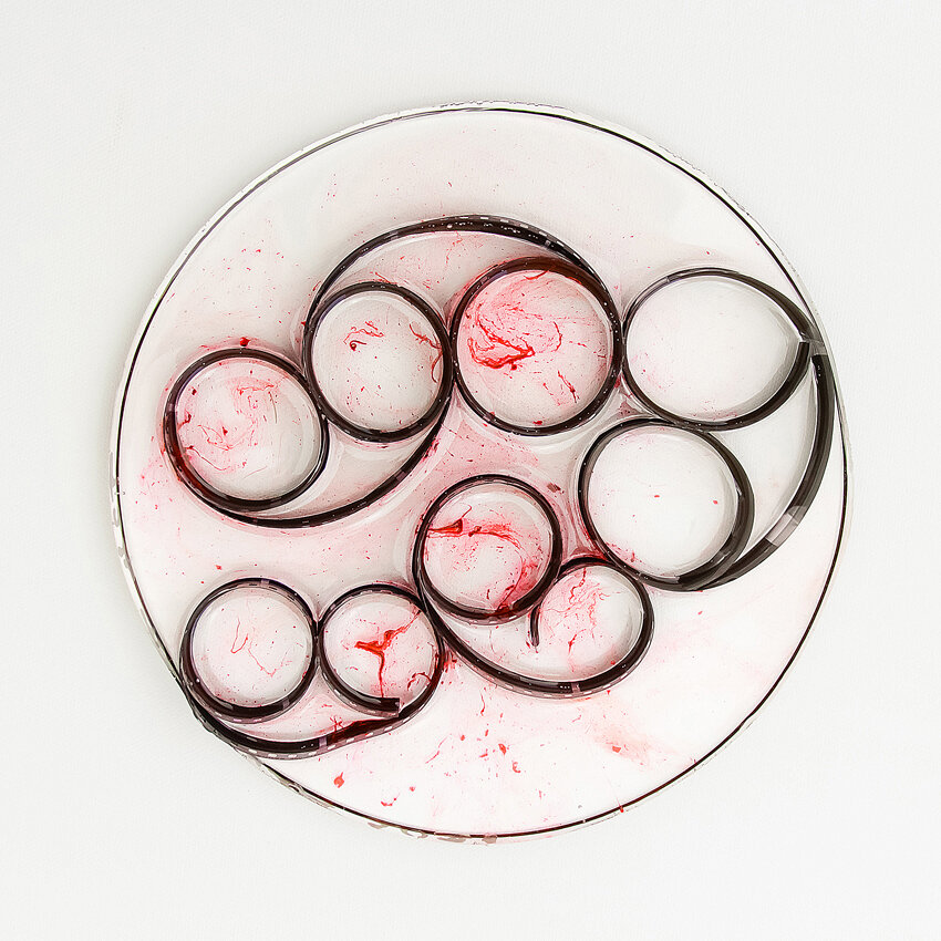   Title: Traces #24 Dimensions: 7” diameter, 1/3” depth Medium: Photographic film, resin, India ink, glass etching medium  