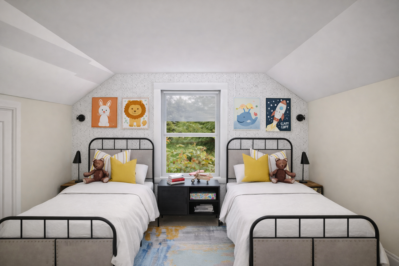 Children's shared attic bedroom with vibrant decor.png