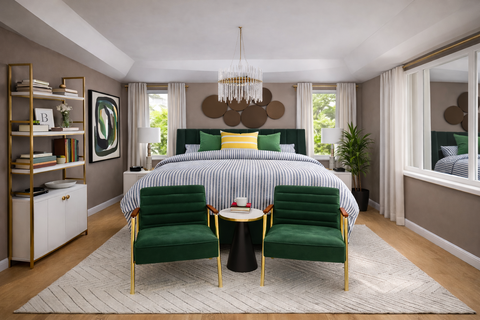 Elegant master bedroom with green accents.png