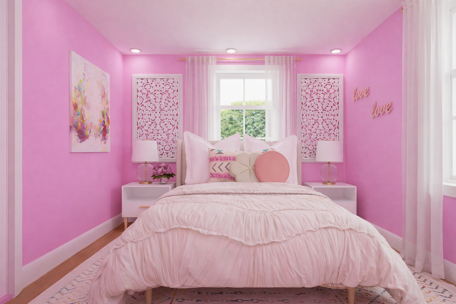 Vibrant pink-themed bedroom with elegant decor.png