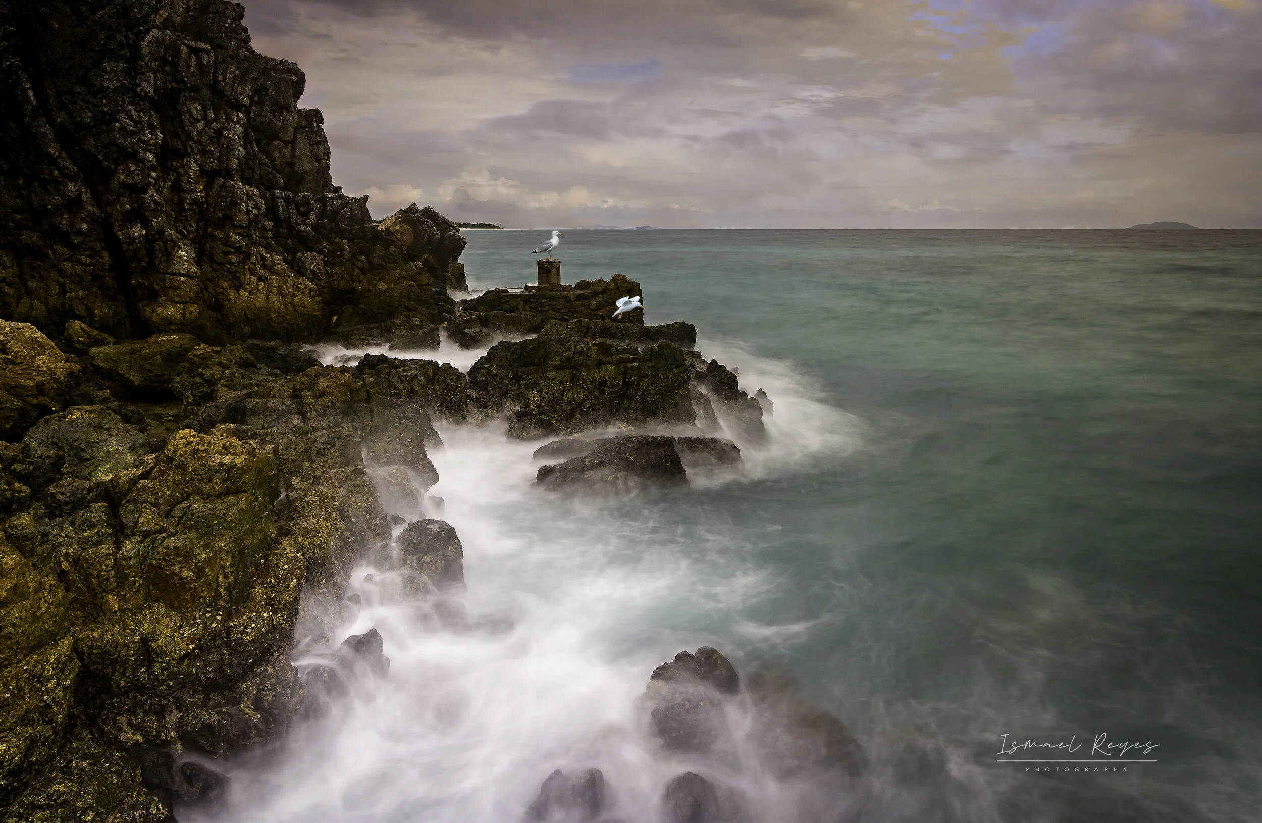 Coastal scene with rocky shore, waves crashing, seagulls on rocks, cloudy sky, distant islands.