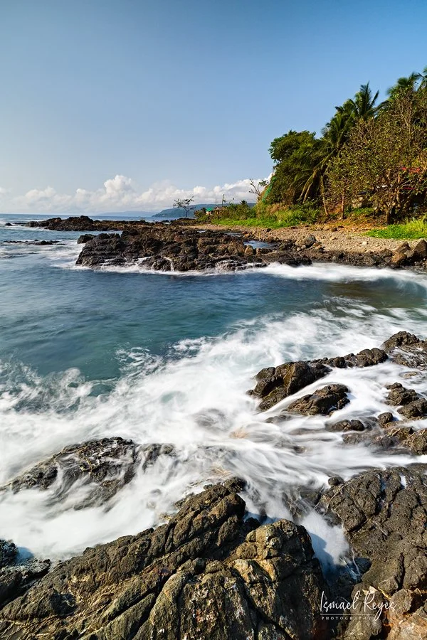 Coastal scene with waves crashing against dark rocks along a shoreline, with palm trees and greenery on a hill in the background under a bright blue sky.