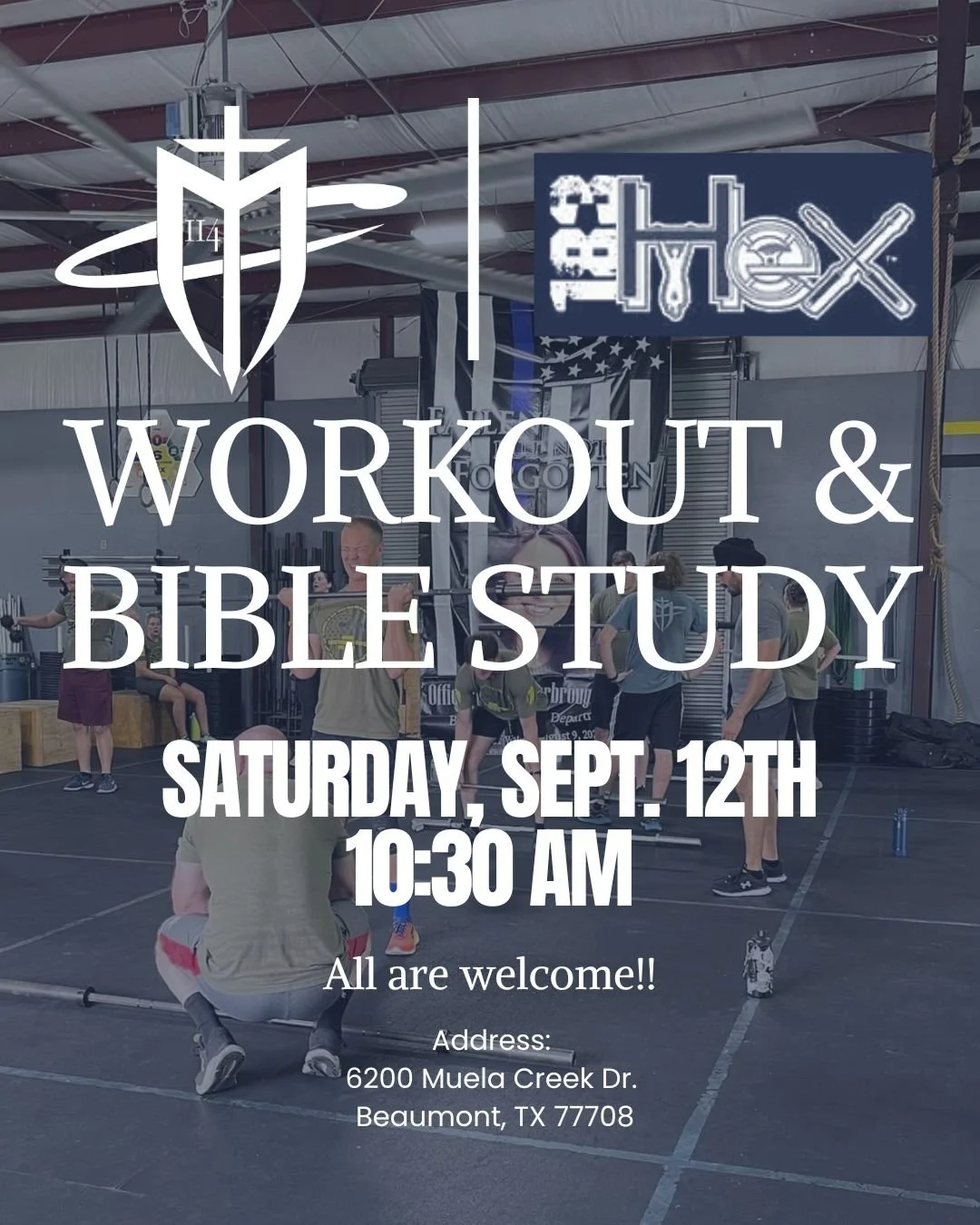 Help us spread the news!!

MTC is partnering with 183Hex Gym to host a community Workout and Bible Study!! 

Join us at 10:30 AM on September 12th for a time of fitness and fellowship! Invite a friend, family member, or stranger! We hope to see you t