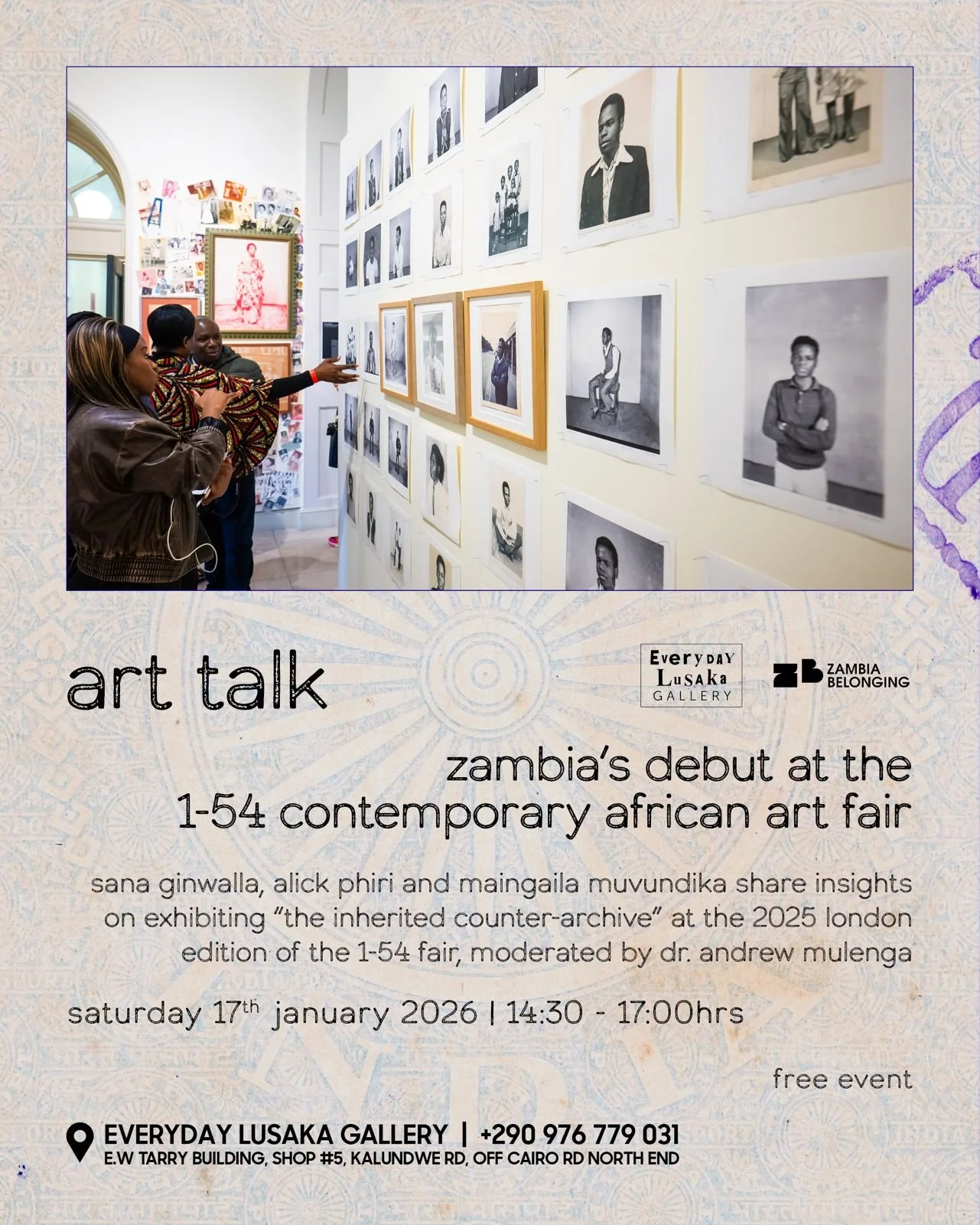 Visitors viewing The Inherited Counter-Archive exhibition at Everyday Lusaka Gallery, featuring photographic work exploring Indian-Zambian artistic heritage through Fine Art Studios