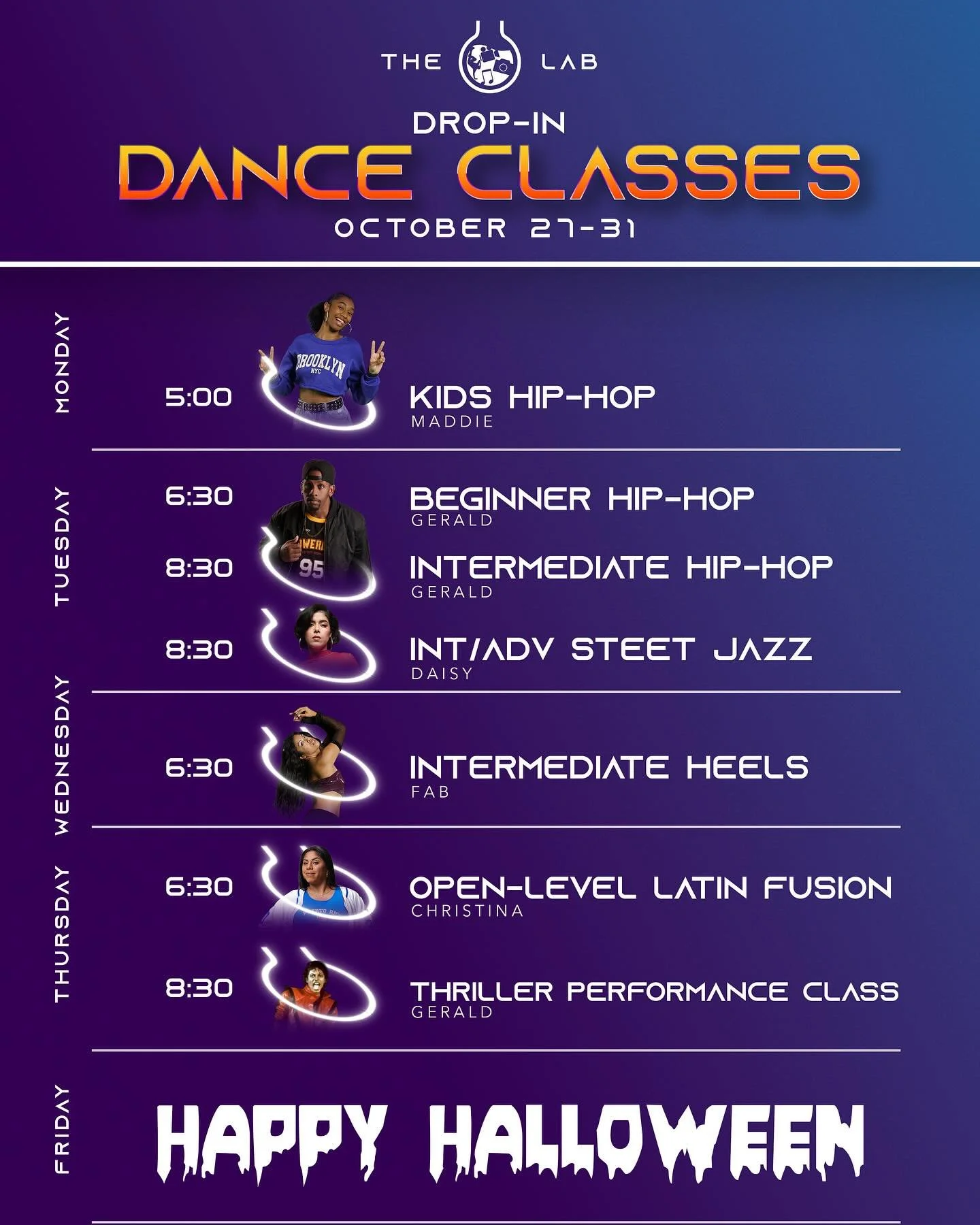 🎃 HALLOWEEK at The Lab! 👻
We&rsquo;re dancing all week long with a spooky lineup you don&rsquo;t wanna miss &mdash; from Kids Hip-Hop to our Thriller Performance Class! 🧟&zwj;♂️

🔥 Drop-in classes Oct 27&ndash;31
💃 All levels welcome
📸 Come dre