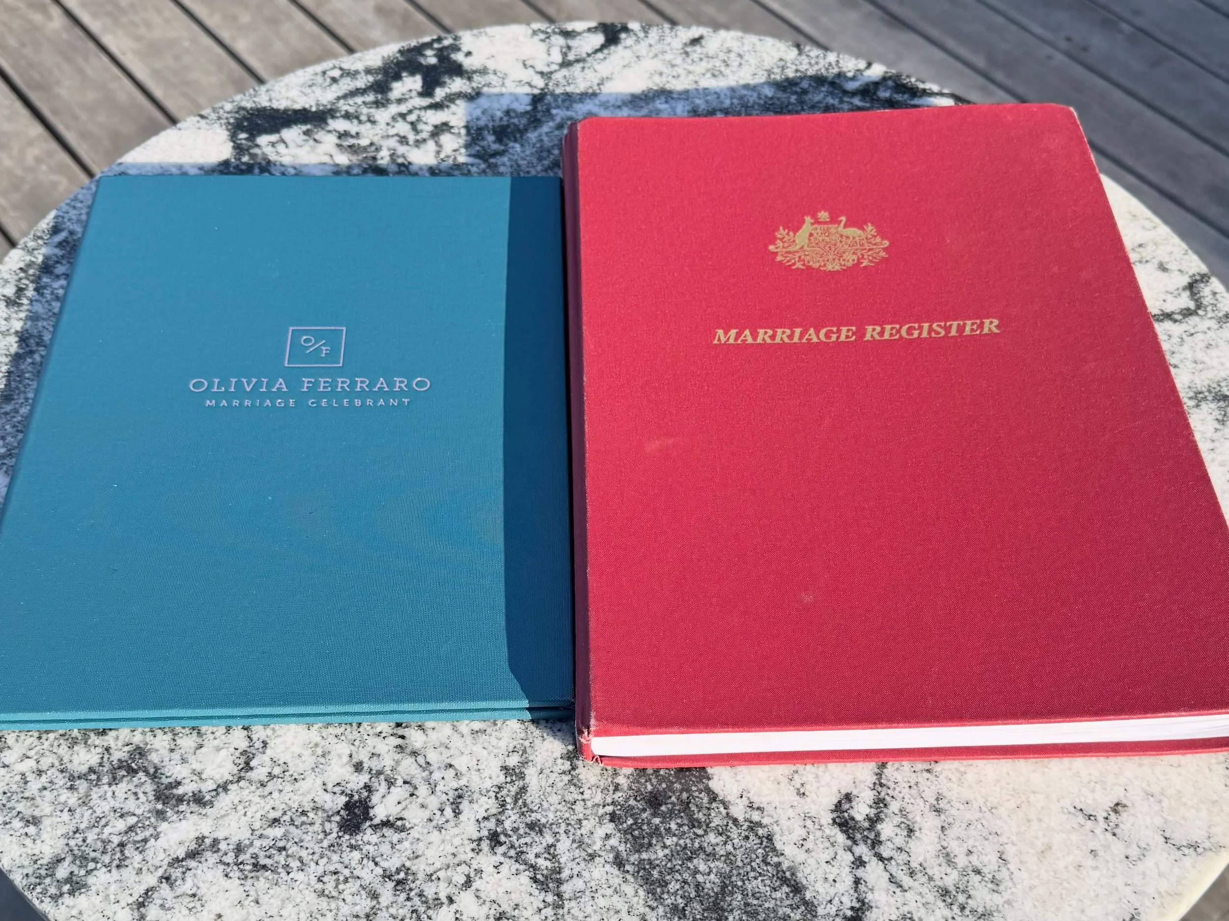 This is the celebrant&rsquo;s red book.

It is the record of weddings I&rsquo;ve conducted over a collection of seasons.

It holds 98 legal ceremonies and yesterday I completed the last page.

This book has seen it all. Sun, rain, bubbles, bugs, tear