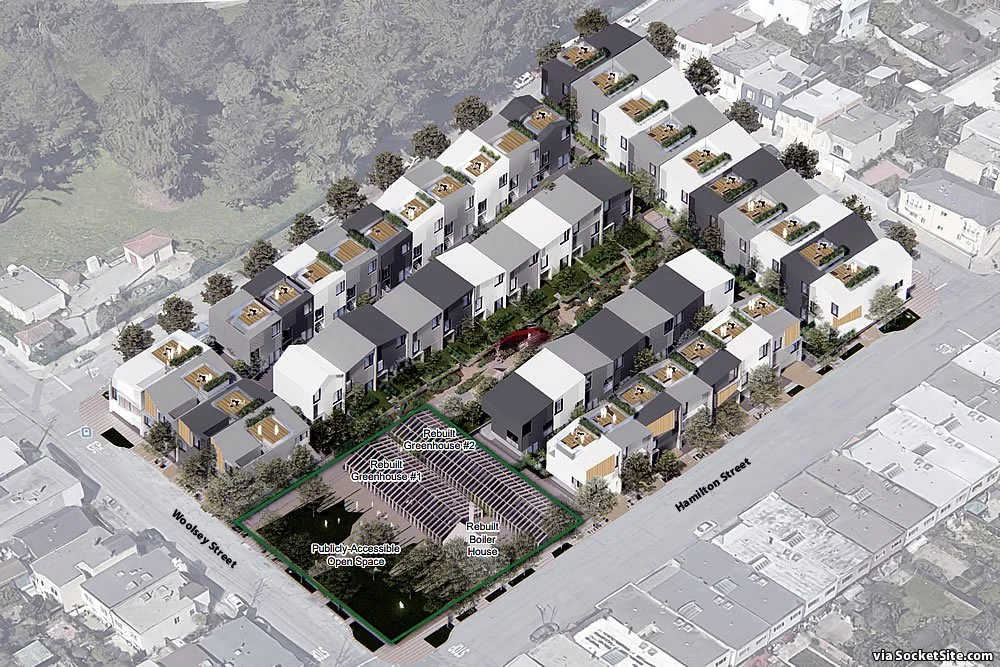 Rendering of teh planned condos, with the corner of the block containing two rebuilt greenhouses and boiler house, plus open space.