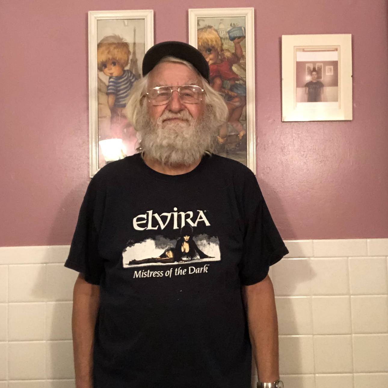 Father in Elvira shirt