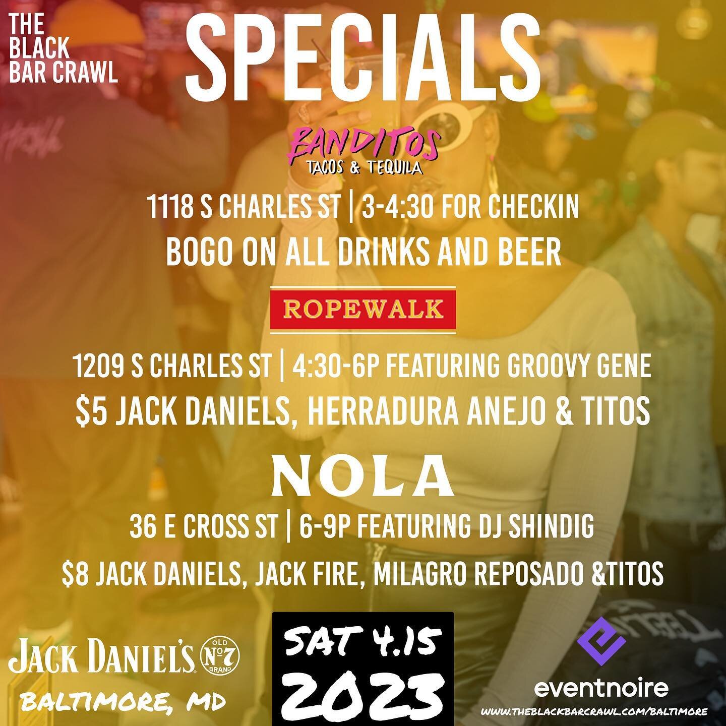 Sip, sip, hooray! 🍹 

The Black Bar Crawl specials are in! We&rsquo;re kicking off the day @banditos.fedhill with BOGO on ALL drinks! Next were off to @ropewalk for $5 specials! Finally we will end the night at @nolaseafoodandspirits with specials f