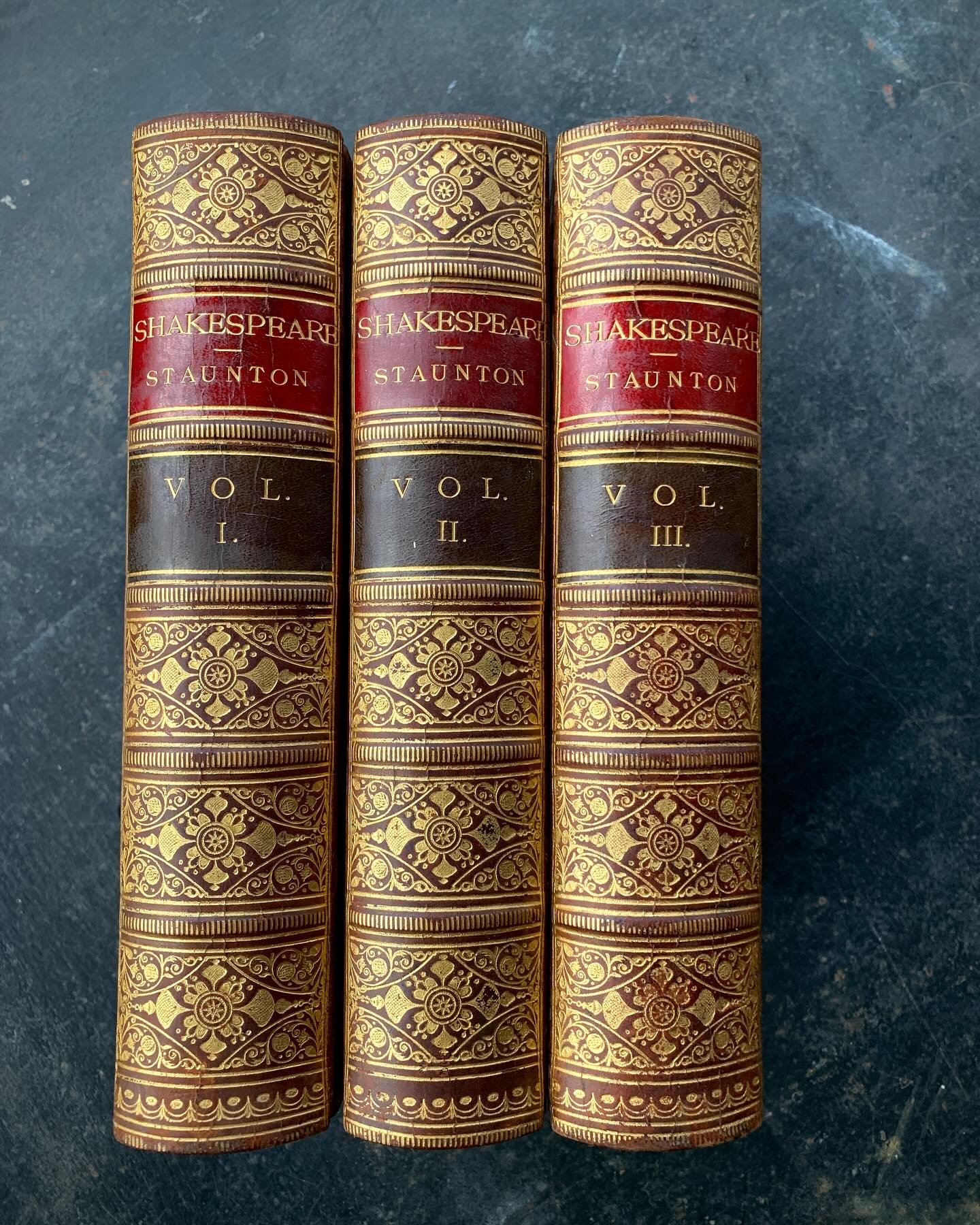 1858, full Morocco Bound 3 volume set of Shakespeare, edited by Howard Staunton. You won&rsquo;t find a better set, gorgeous set of books.
#shakespeare 
#shakespearequotes 
#antiquarianbooks 
#antiquarianbookshop 
#rarebooks
#thebard
#leatherboundboo