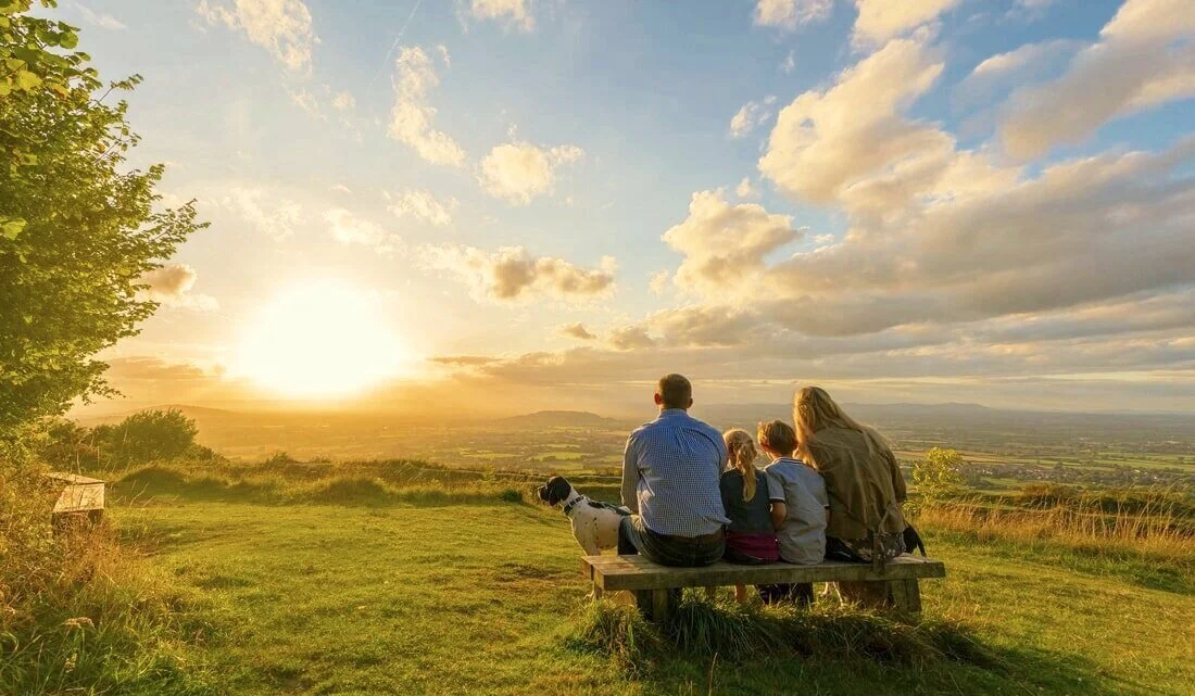 Family sitting on a bench watching the sunset over a wide landscape.