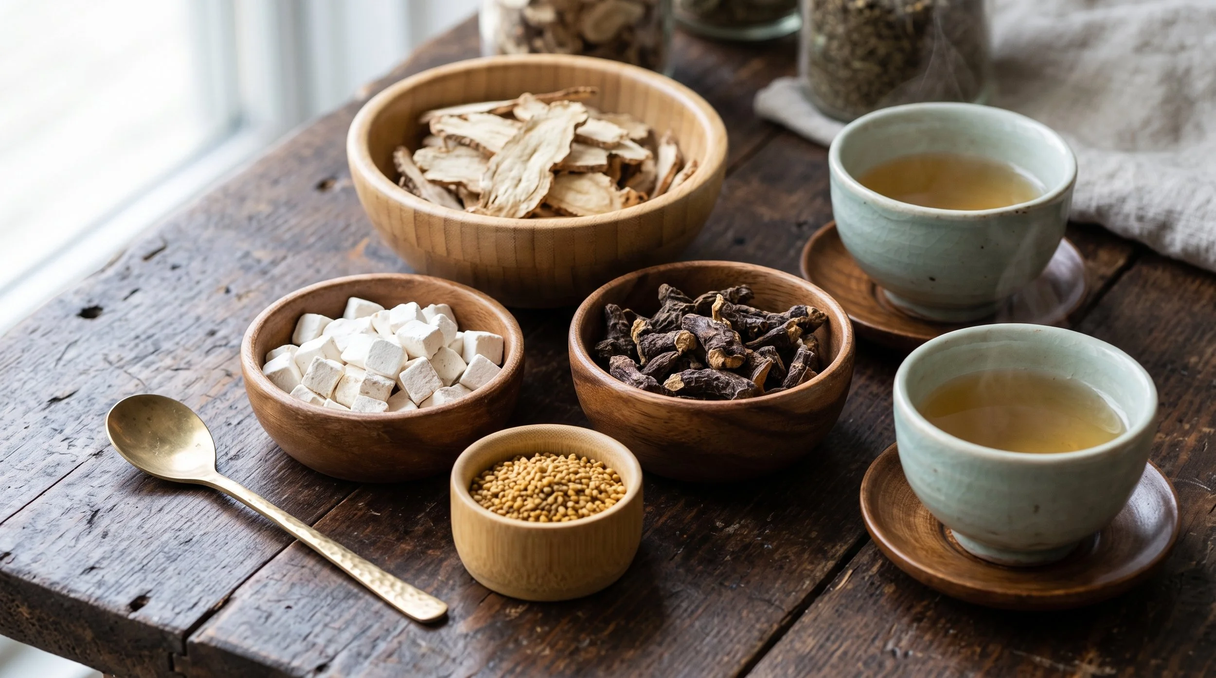 Dried Angelica root, poria, cyperus rhizome, and dodder seed used in GM Choi's Herbal Medicine for PMOS