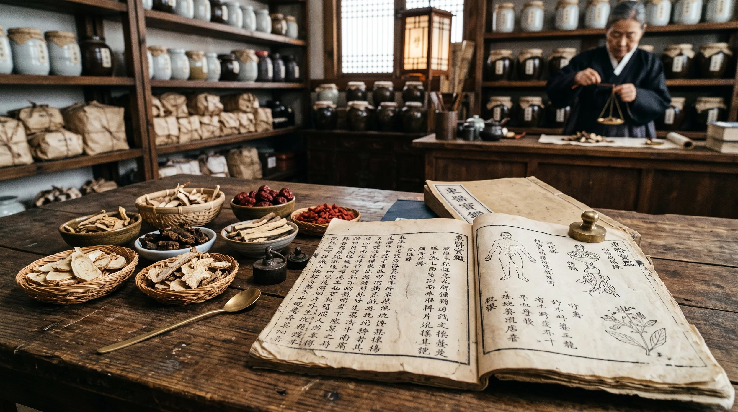 Donguibogam-era Korean medical text alongside dried herbs, representing Traditional Korean Medicine
