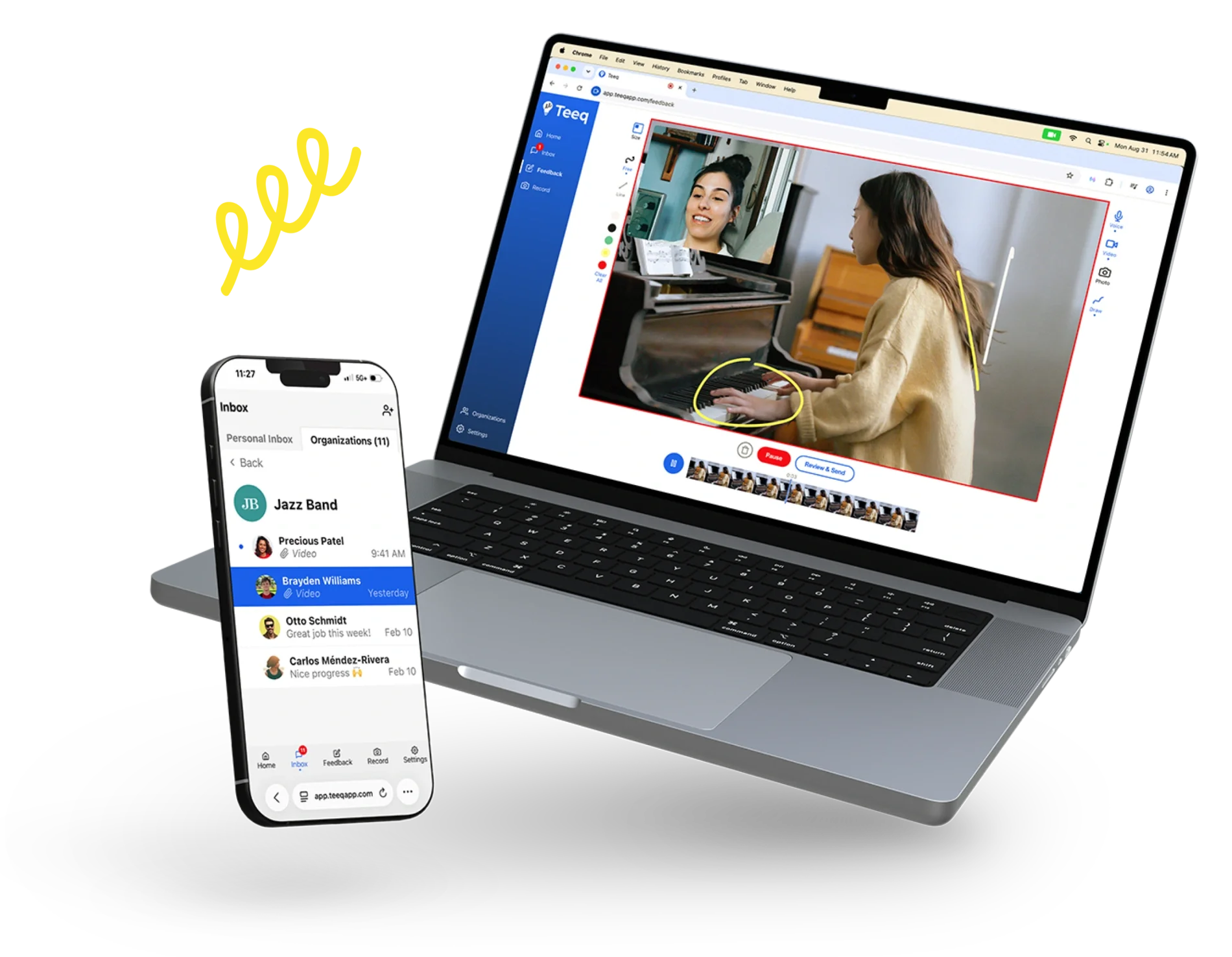 Device examples of Teeq: the messaging inbox on a smartphone, and the feedback tool with drawing and video on laptop.