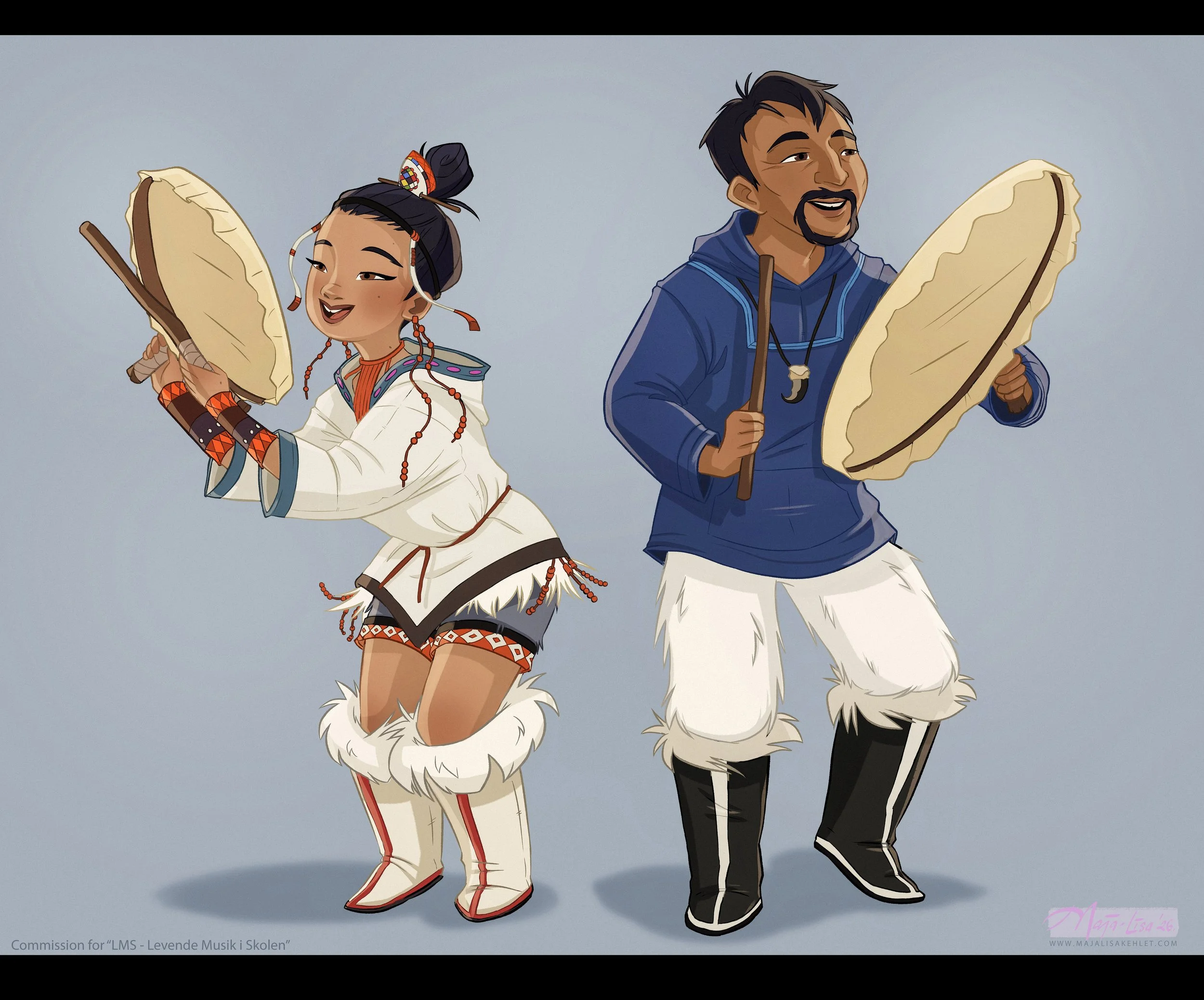 Commission for "Levende Musik i Skolen" - Two Inuit drum dancers. 