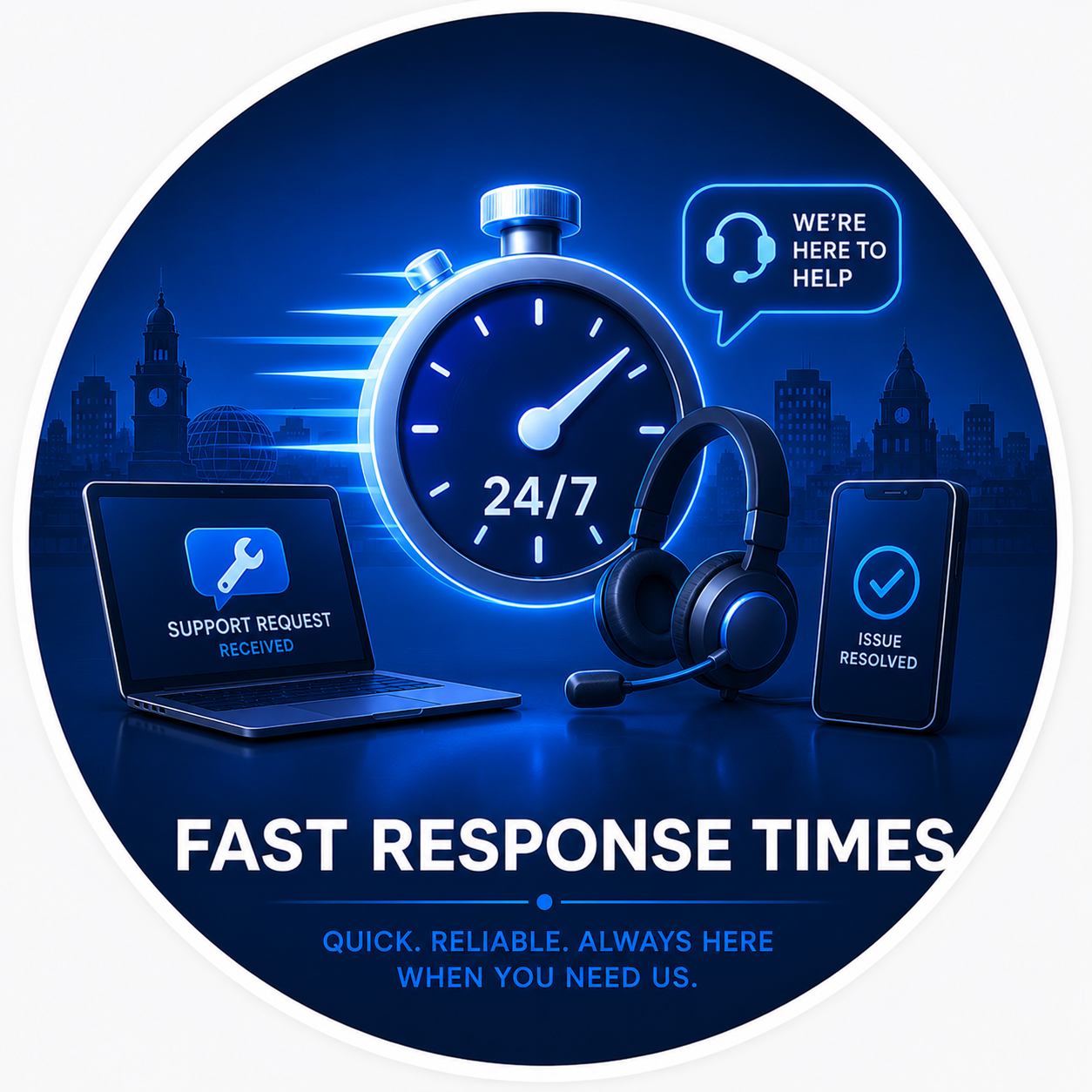 Fast IT support response times illustration showing 24/7 technical support, helpdesk services and rapid issue resolution for businesses.