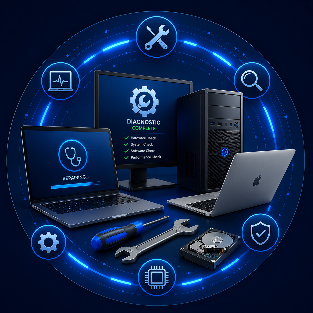 Computer repair and diagnostic services illustration showing PC, laptop and Mac repair, fault diagnosis, hardware troubleshooting, software repairs and IT support services.