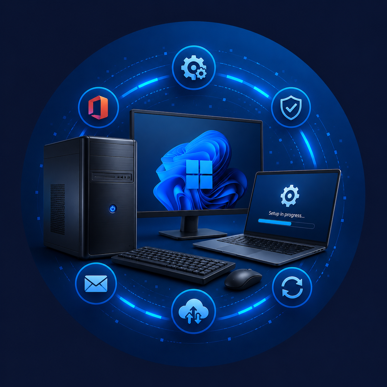 New PC installation and setup services illustration showing a desktop computer, laptop, Microsoft 365 configuration, email setup, security software installation and device deployment.