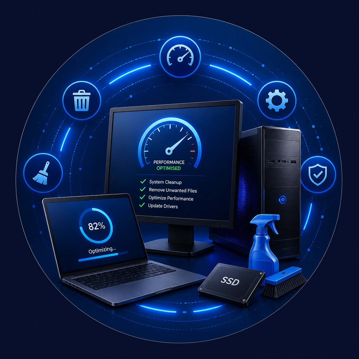 PC and laptop performance optimisation illustration showing system cleanup, speed improvements, software updates, storage optimisation and device maintenance services.