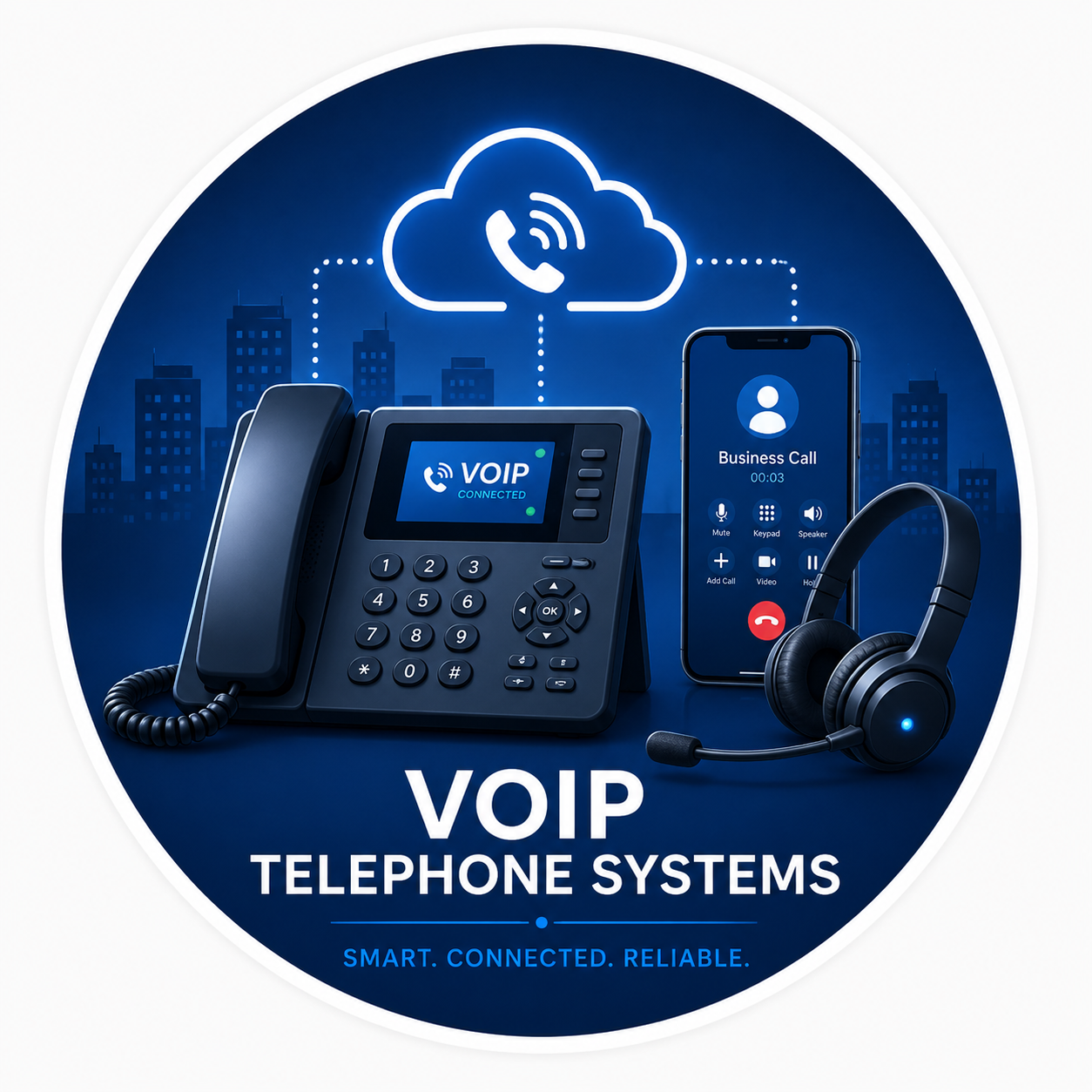 Digital graphic displaying a VoIP telephone system with a phone, headset, and smartphone. A cloud icon with a phone symbol is above, connected to a city skyline in the background. Text reads 'VOIP TELEPHONE SYSTEMS' and 'SMART. CONNECTED. RELIABLE.'