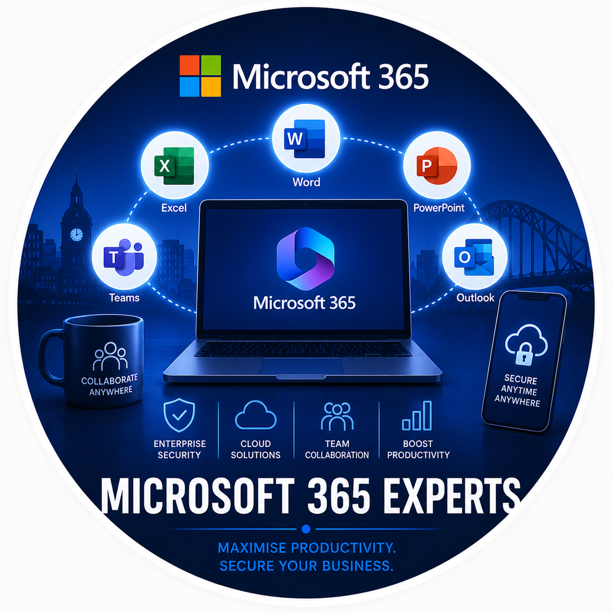 Microsoft 365 support services including Microsoft Teams, Outlook, Word, Excel, cloud collaboration, productivity tools and business security solutions.