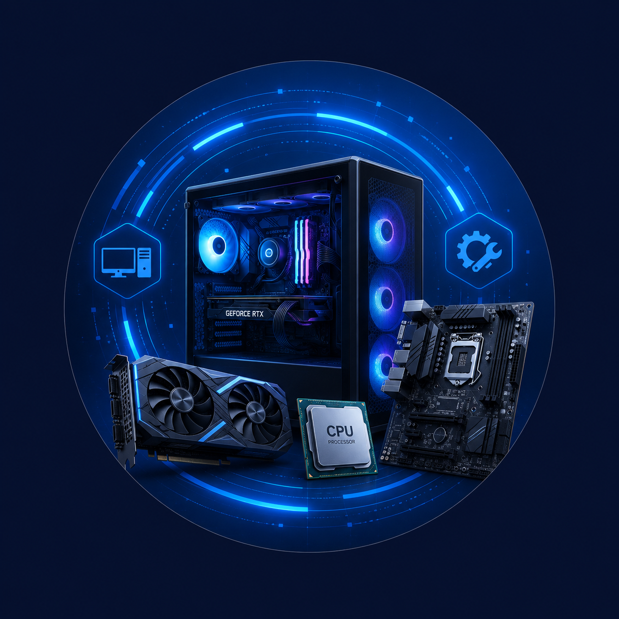 Custom gaming and business PC build illustration showing a high-performance computer, graphics card, processor and motherboard components.