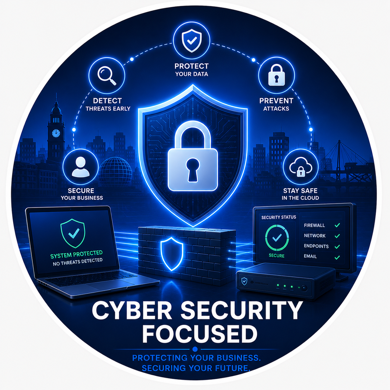 Cyber security services including threat protection, firewall security, endpoint protection, cloud security and business data protection.