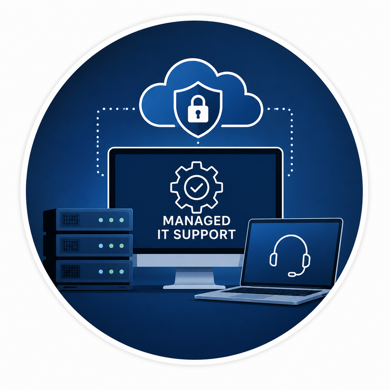 Managed IT support services including remote monitoring, cloud security, server management and technical support for businesses.