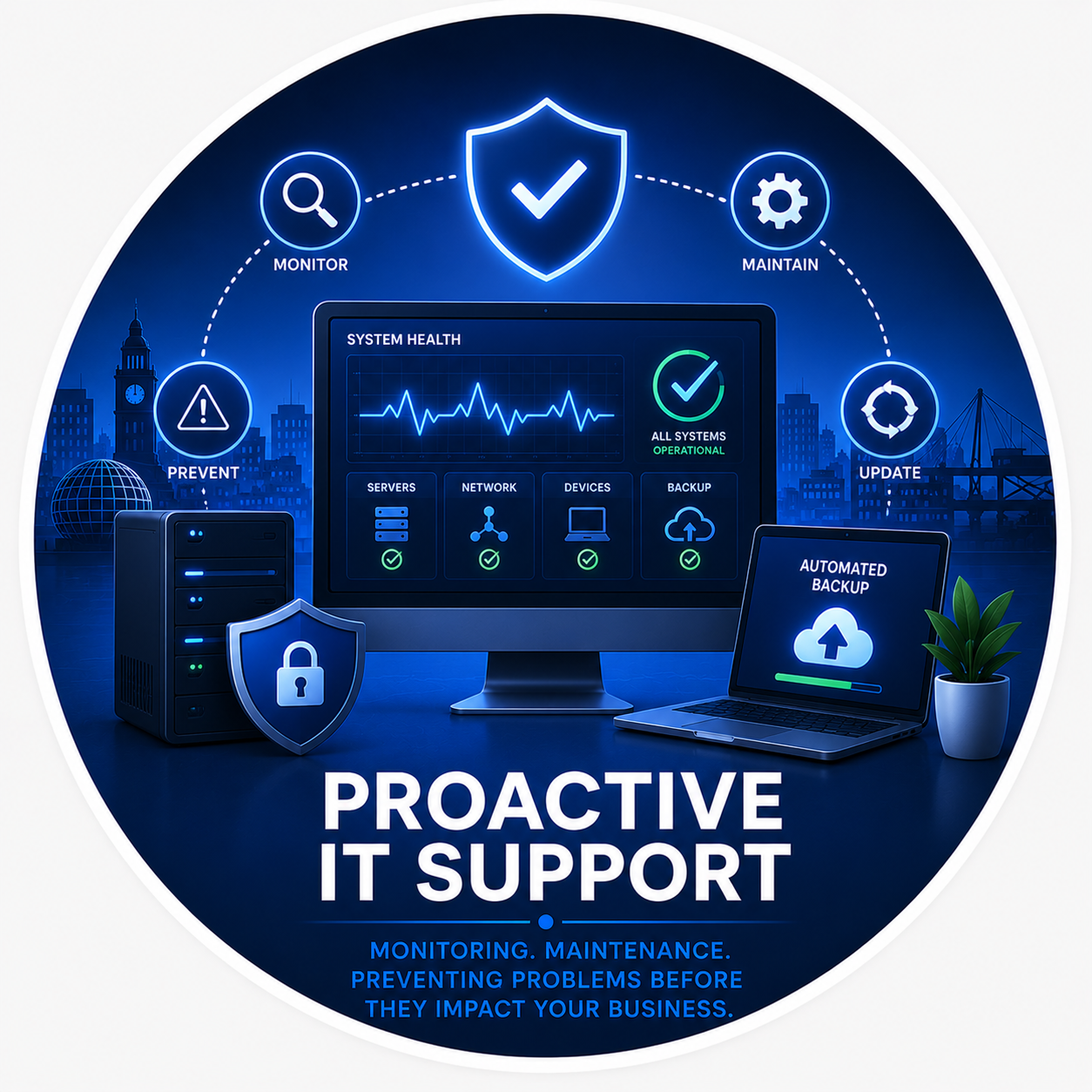 Proactive IT support services including system monitoring, maintenance, automated backups and preventative maintenance for business technology environments.