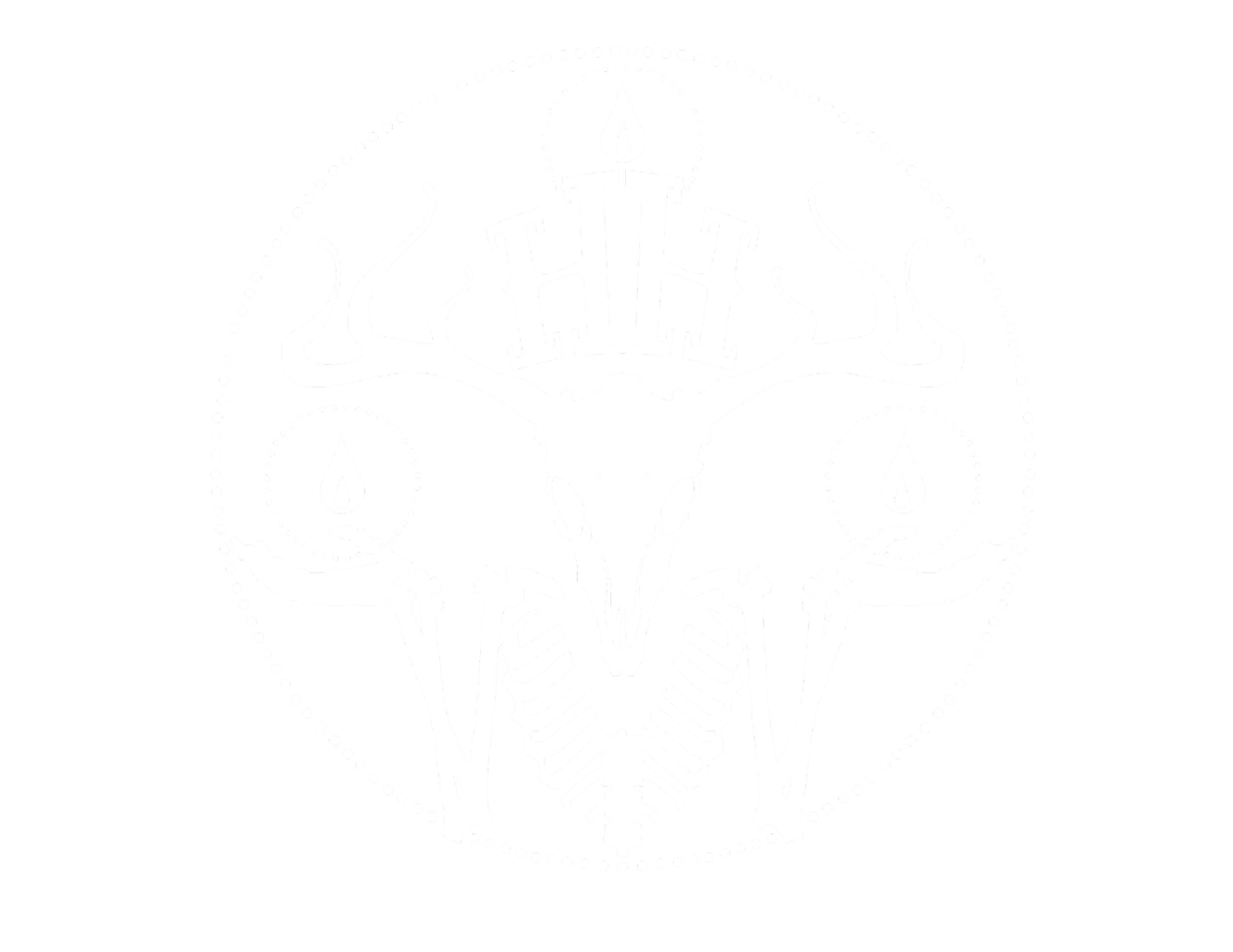 Black and white illustration of an elk skull on a human torso surrounded by dotted circles and teardrop shapes.
