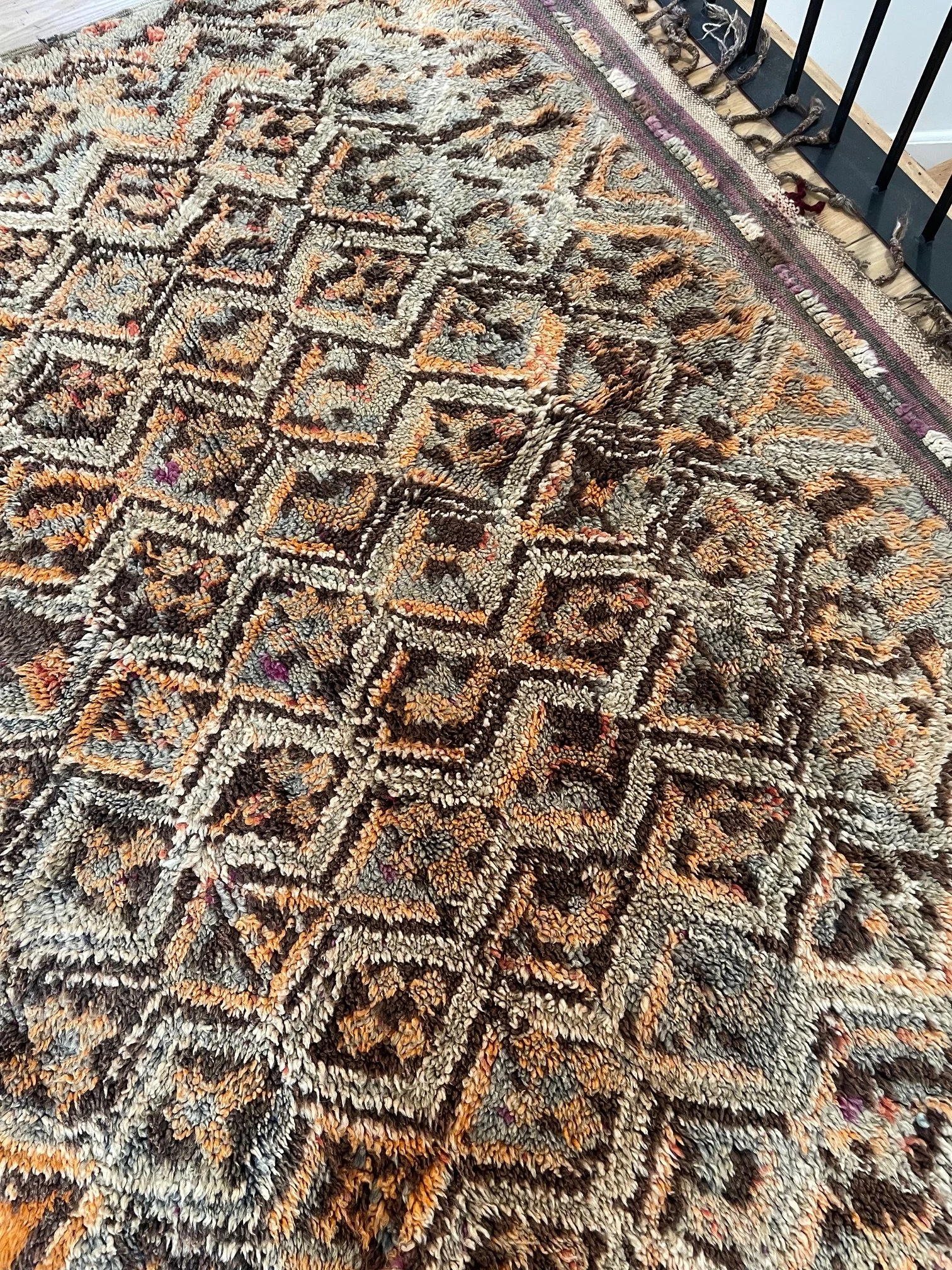 Vintage Talsint Moroccan Rug midcentury with purples navy orange geometric pattern 7x11